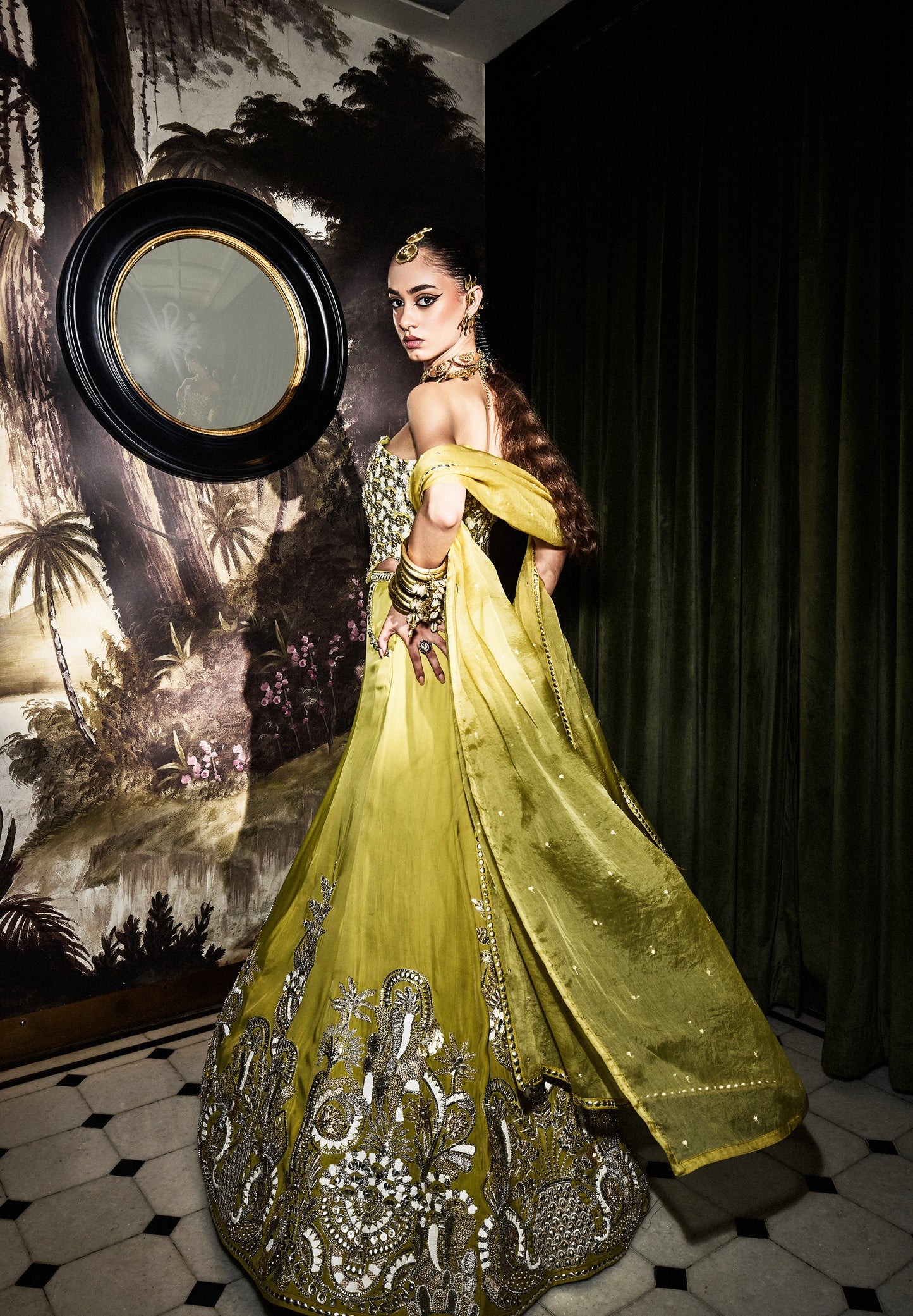 Olive Green Embroidered Lehenga with Statement Bodice