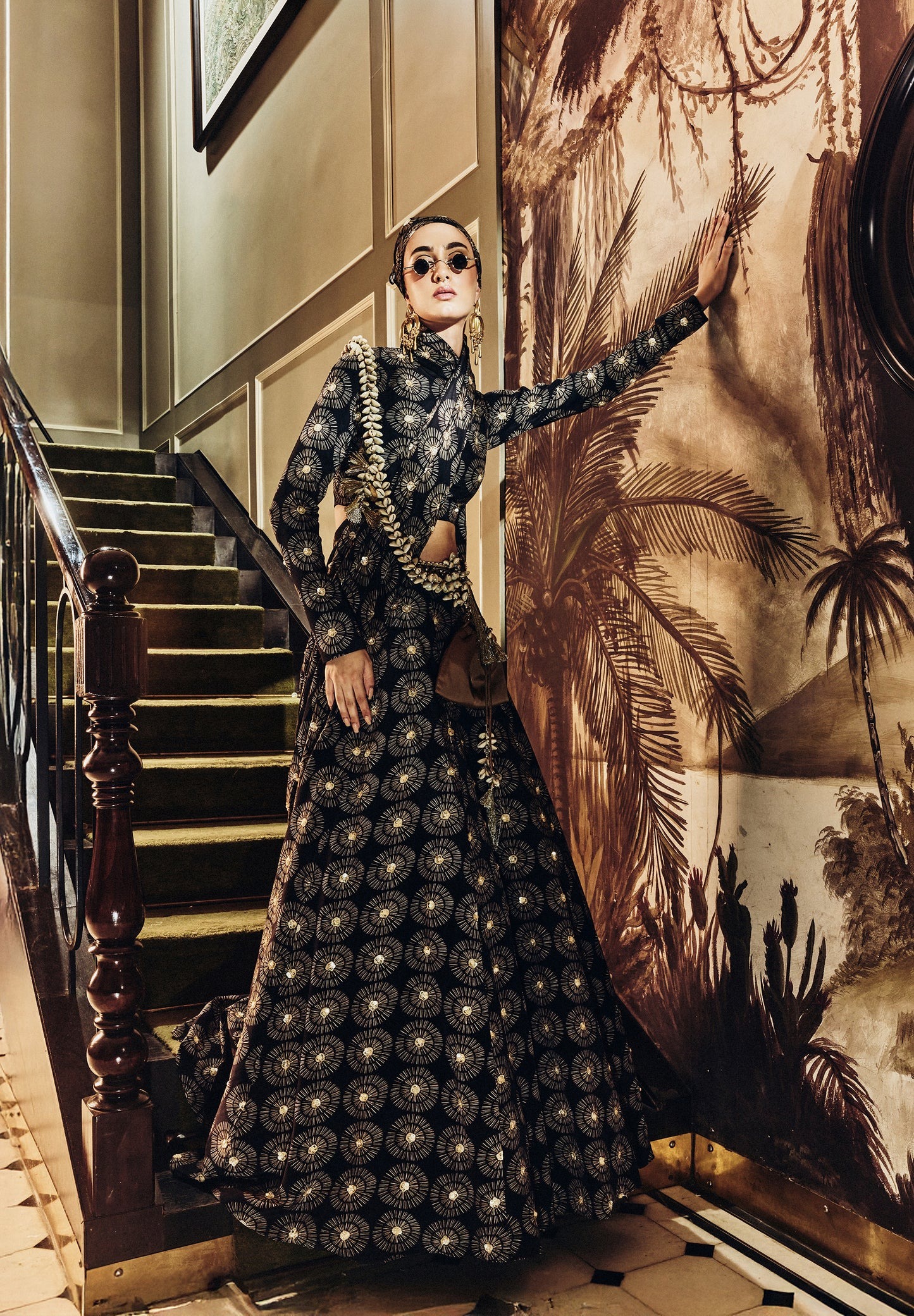 Black Printed Lehenga Set with High-Neck Blouse