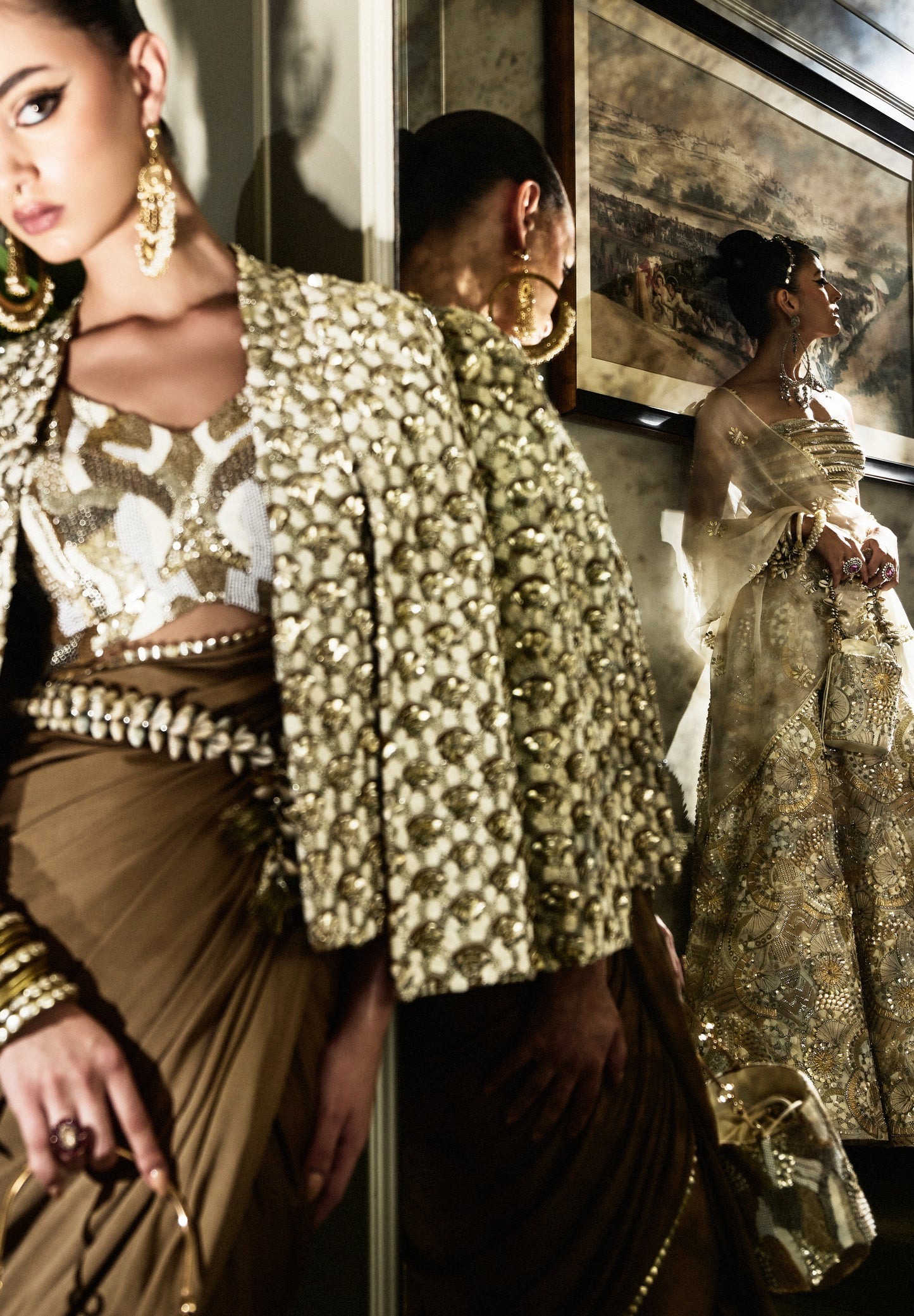 Chocolate Brown Embellished Sari with Textured Jacket