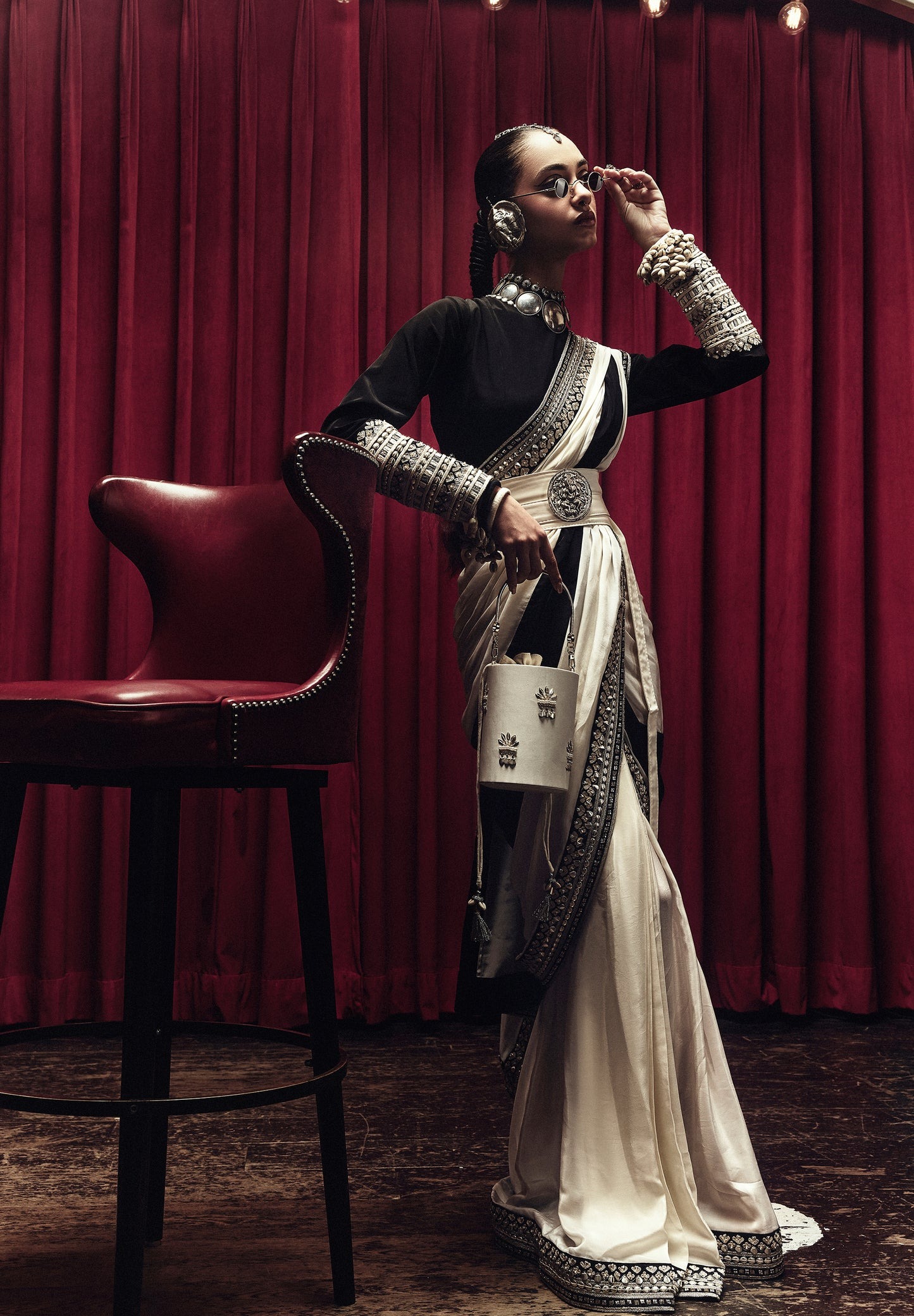 Ivory & Black Embellished Sari with Statement Blouse