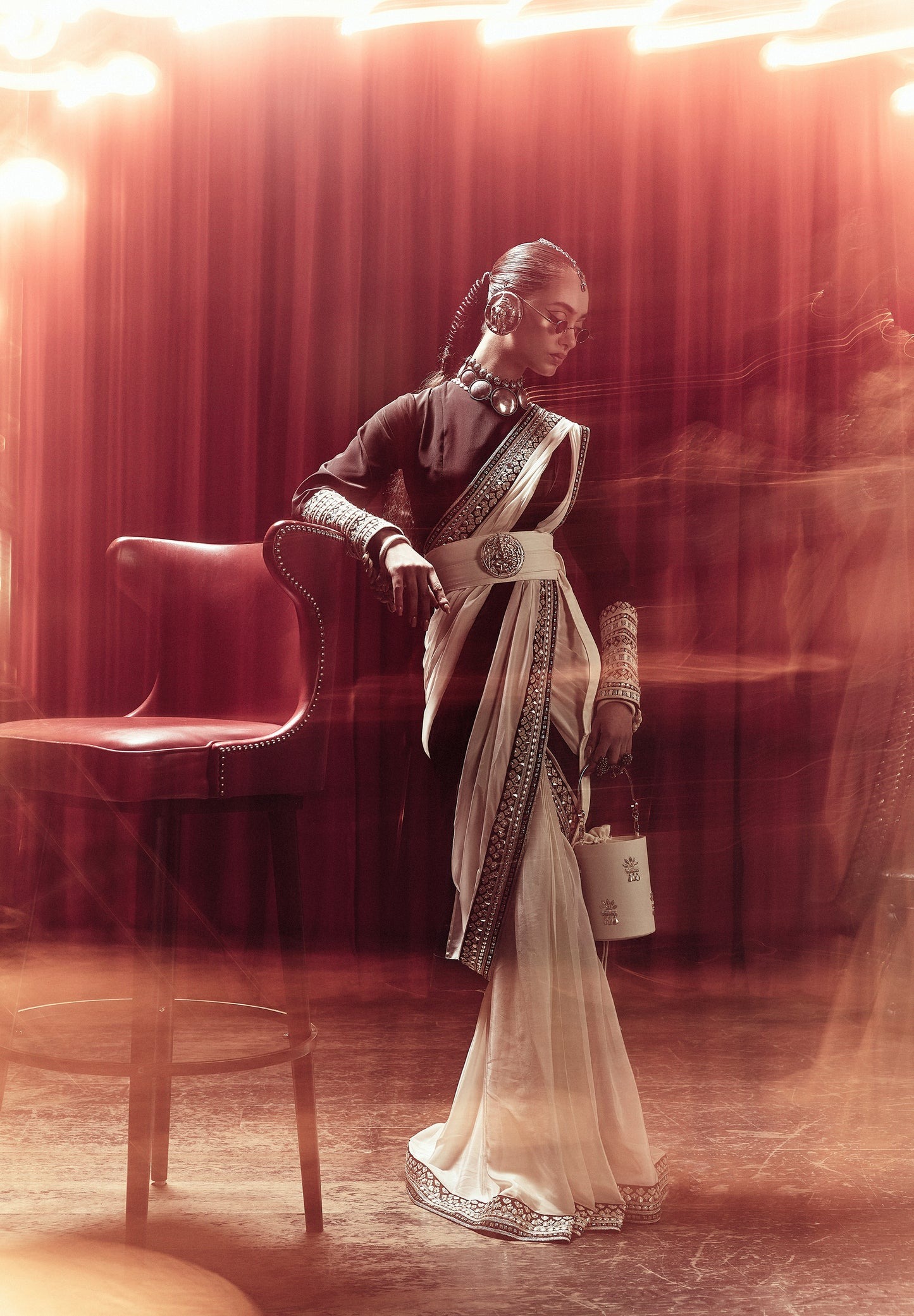 Ivory & Black Embellished Sari with Statement Blouse