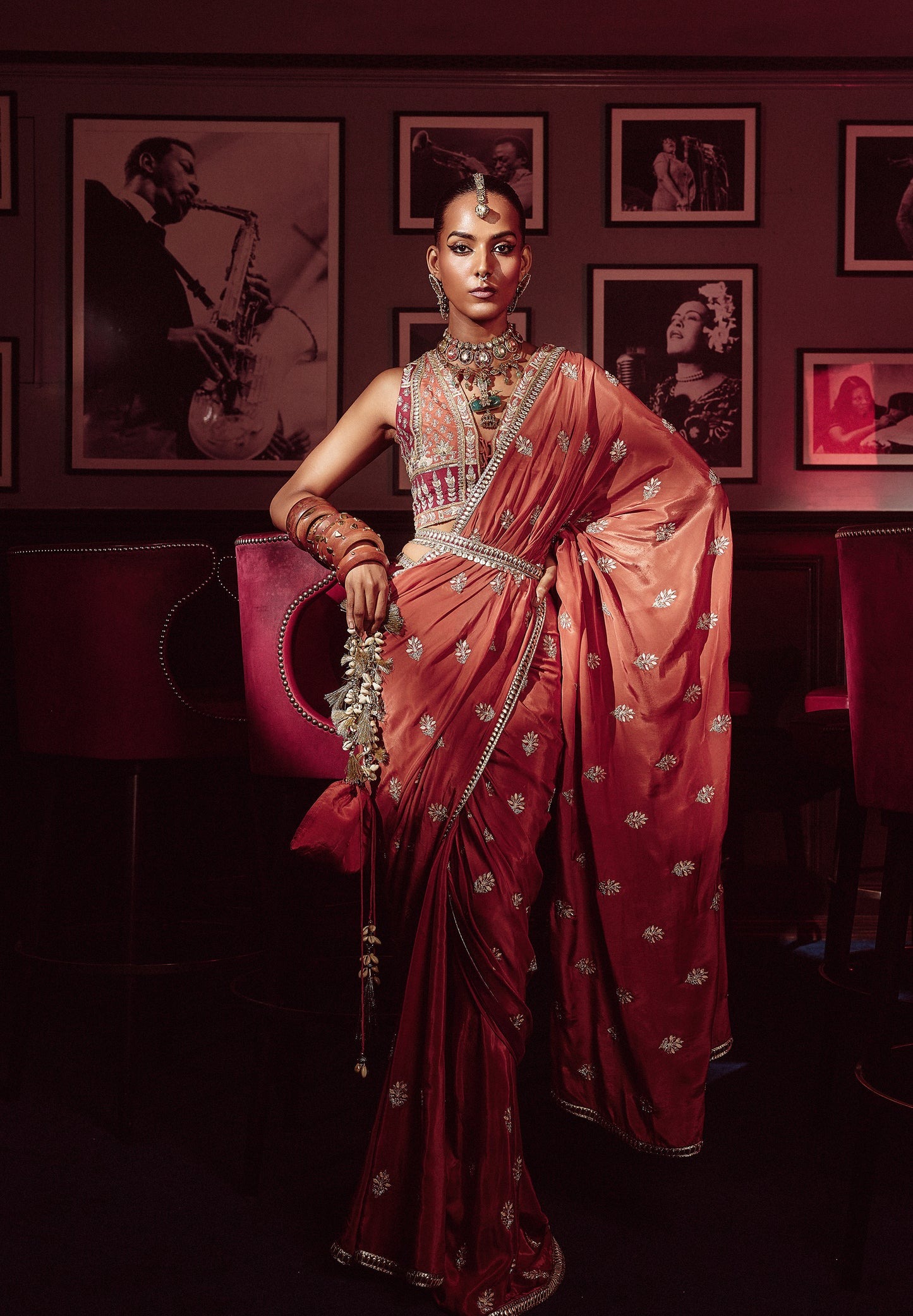 Deep Red Embroidered Sari with Statement Blouse