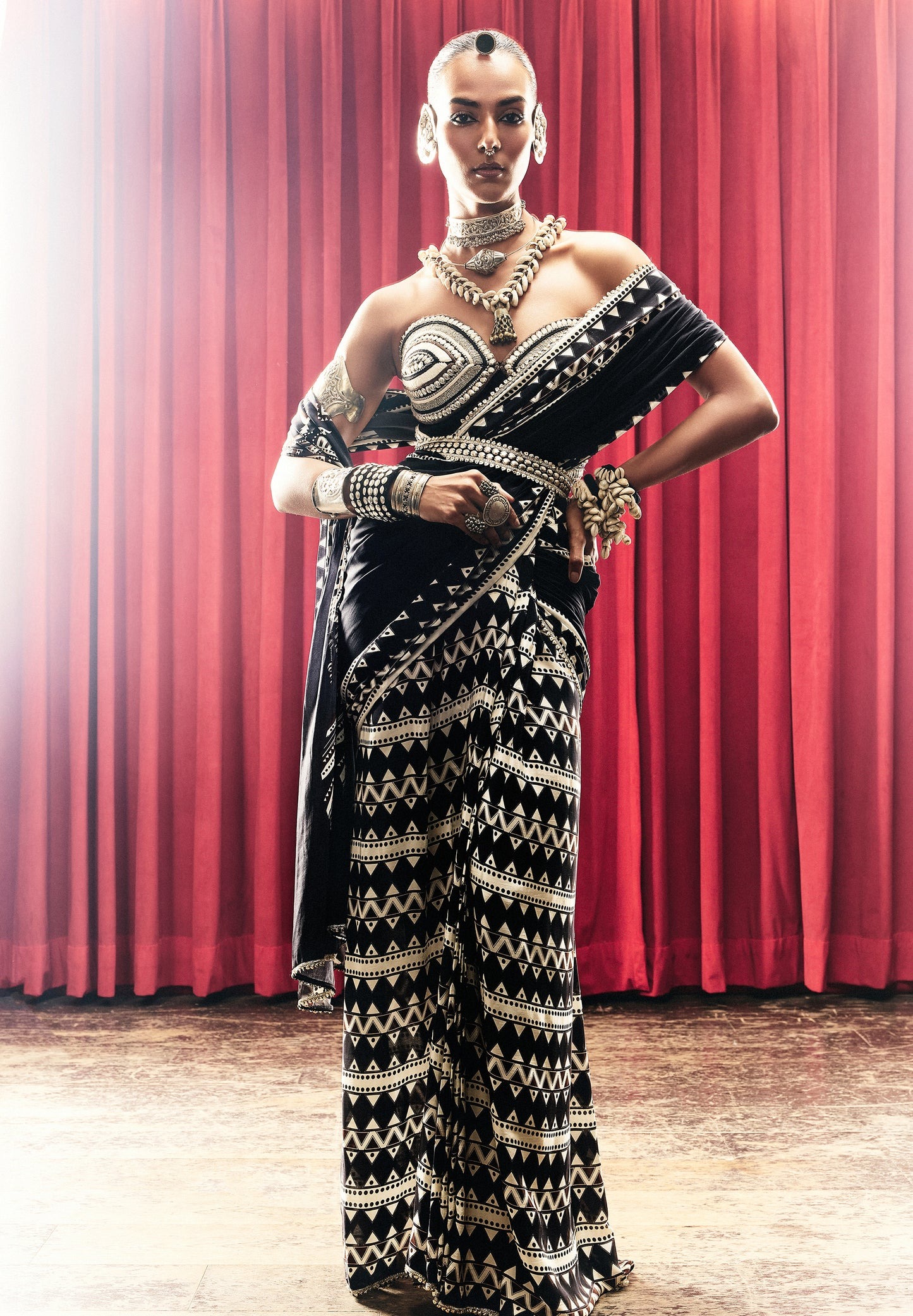 Black and Ivory Geometric Printed Sari