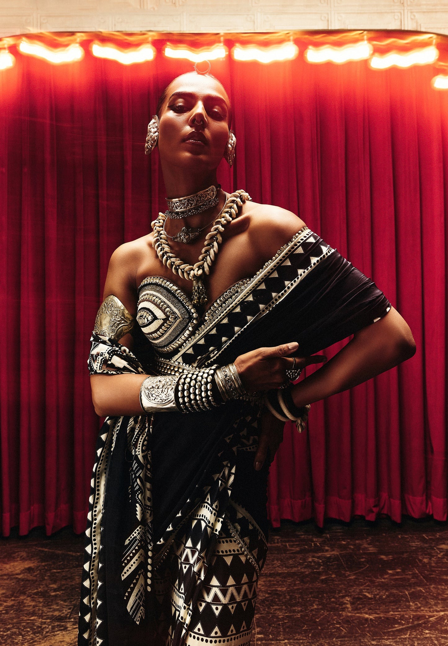 Black and Ivory Geometric Printed Sari