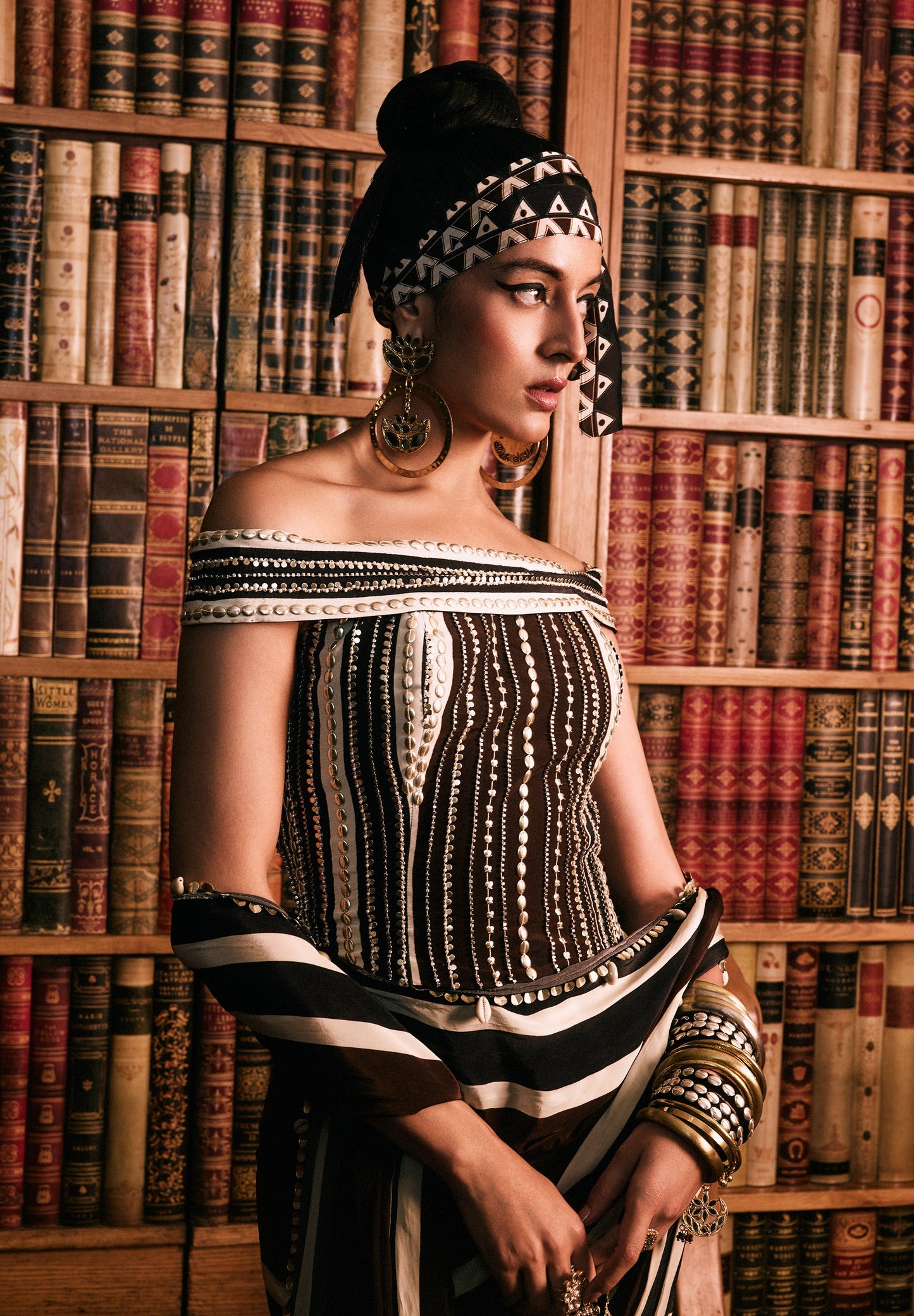 Black and Ivory Striped Sari with Printed Jacket