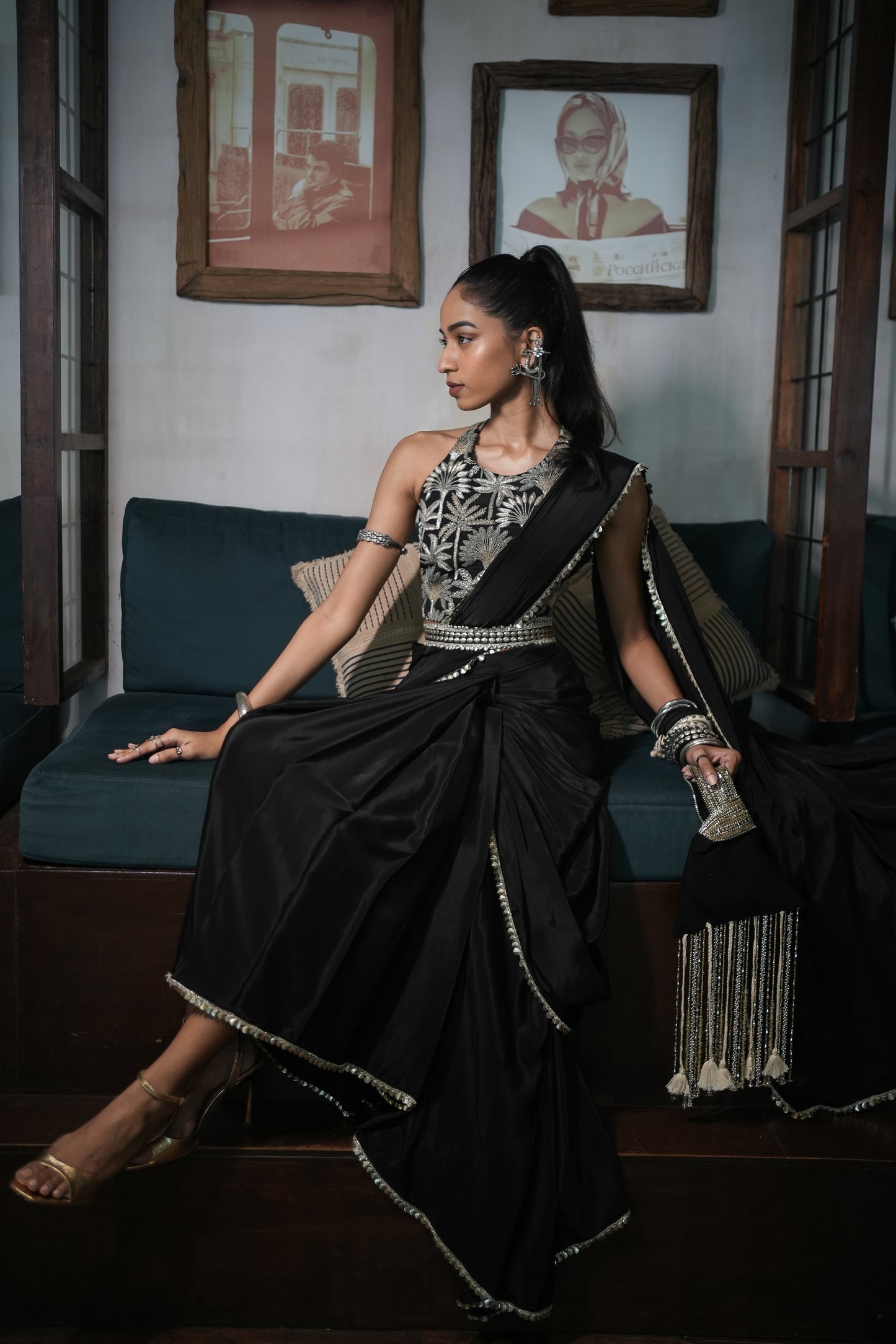 Black Draped Sari with Embroidered Blouse
