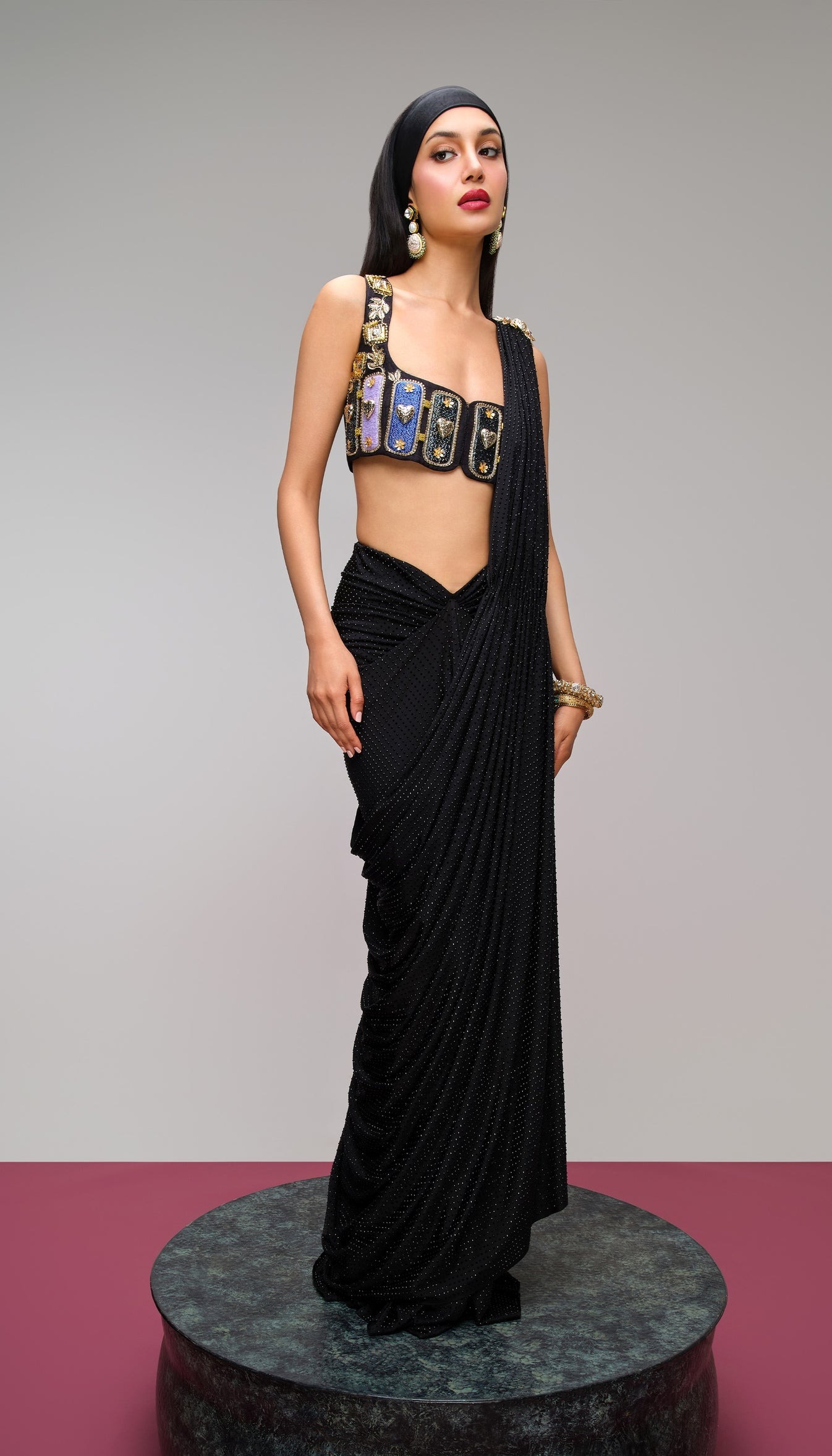 Black Draped Sari with Embellished Jewel Panel Blouse