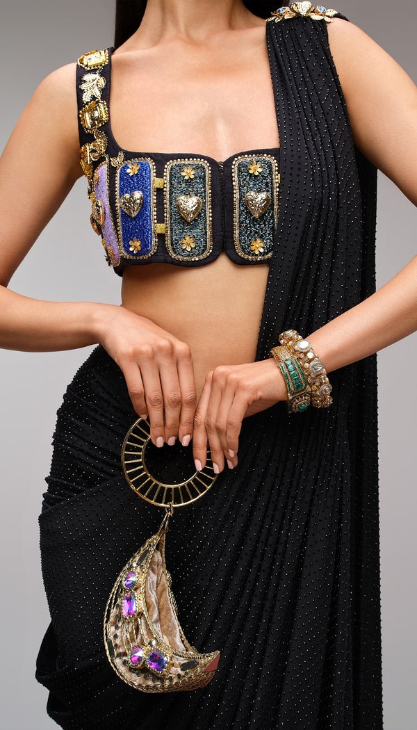 Black Draped Sari with Embellished Jewel Panel Blouse