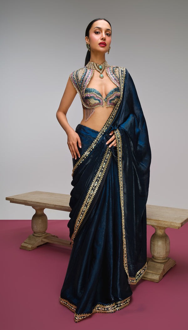 Midnight Blue Silk Sari with Gold Embellished Border and Jewel-Toned Embroidered Blouse