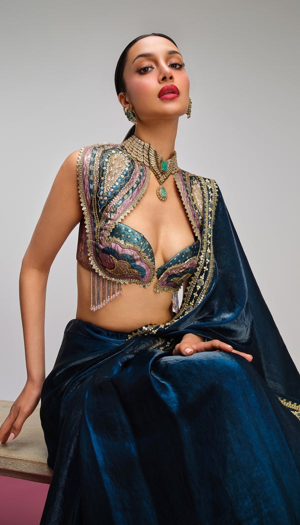 Midnight Blue Silk Sari with Gold Embellished Border and Jewel-Toned Embroidered Blouse