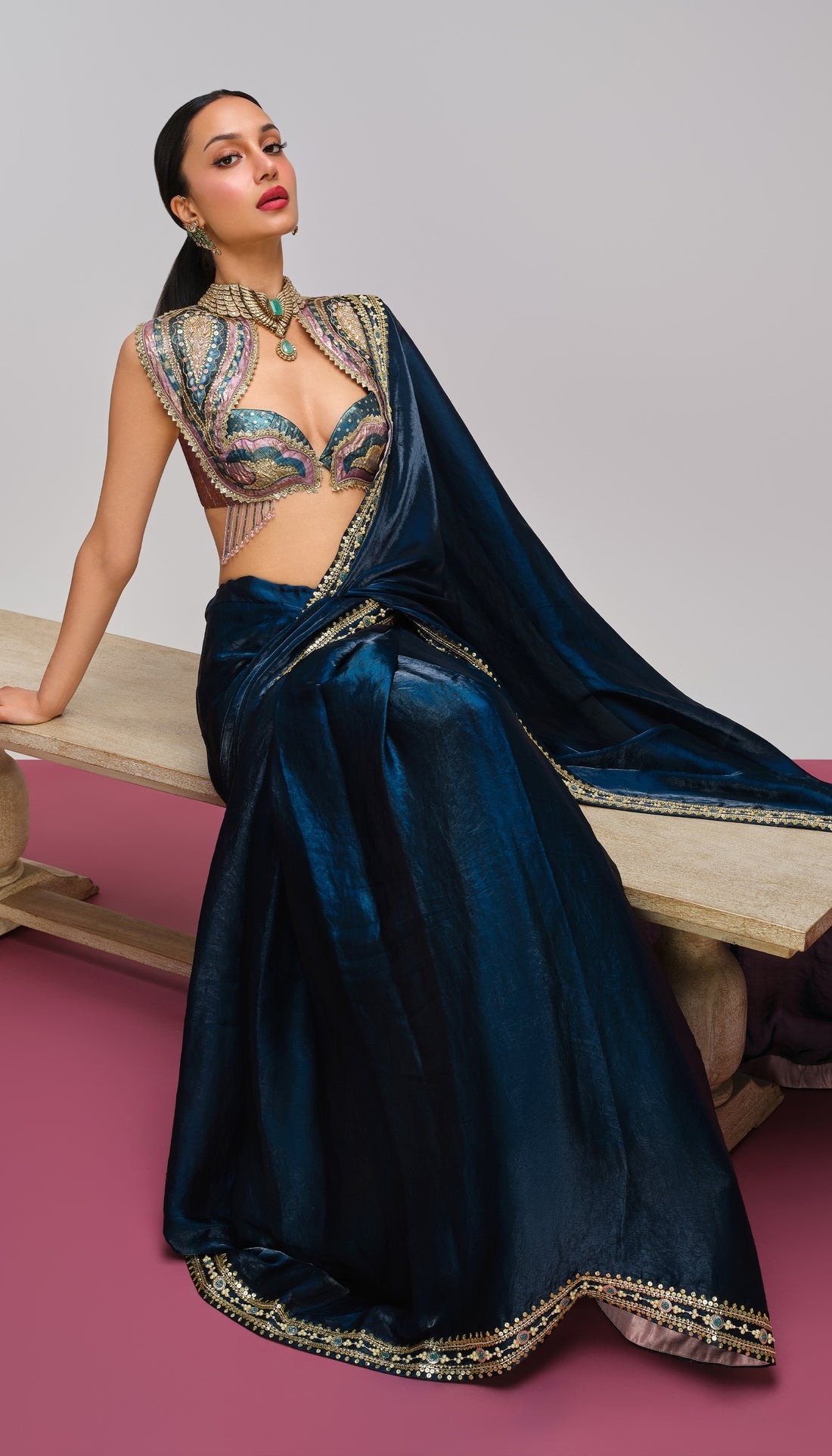 Midnight Blue Silk Sari with Gold Embellished Border and Jewel-Toned Embroidered Blouse