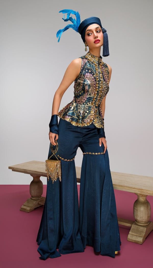 Teal Embellished Peplum Top with Handworked Motifs and Draped Flared Trousers