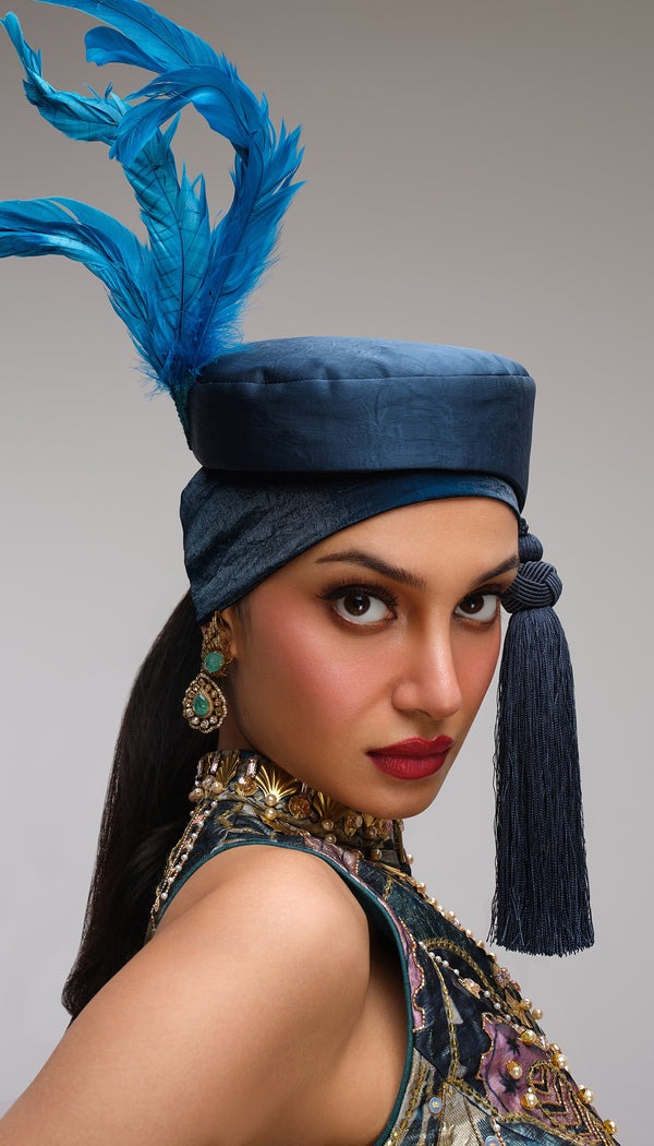 Teal Embellished Peplum Top with Handworked Motifs and Draped Flared Trousers