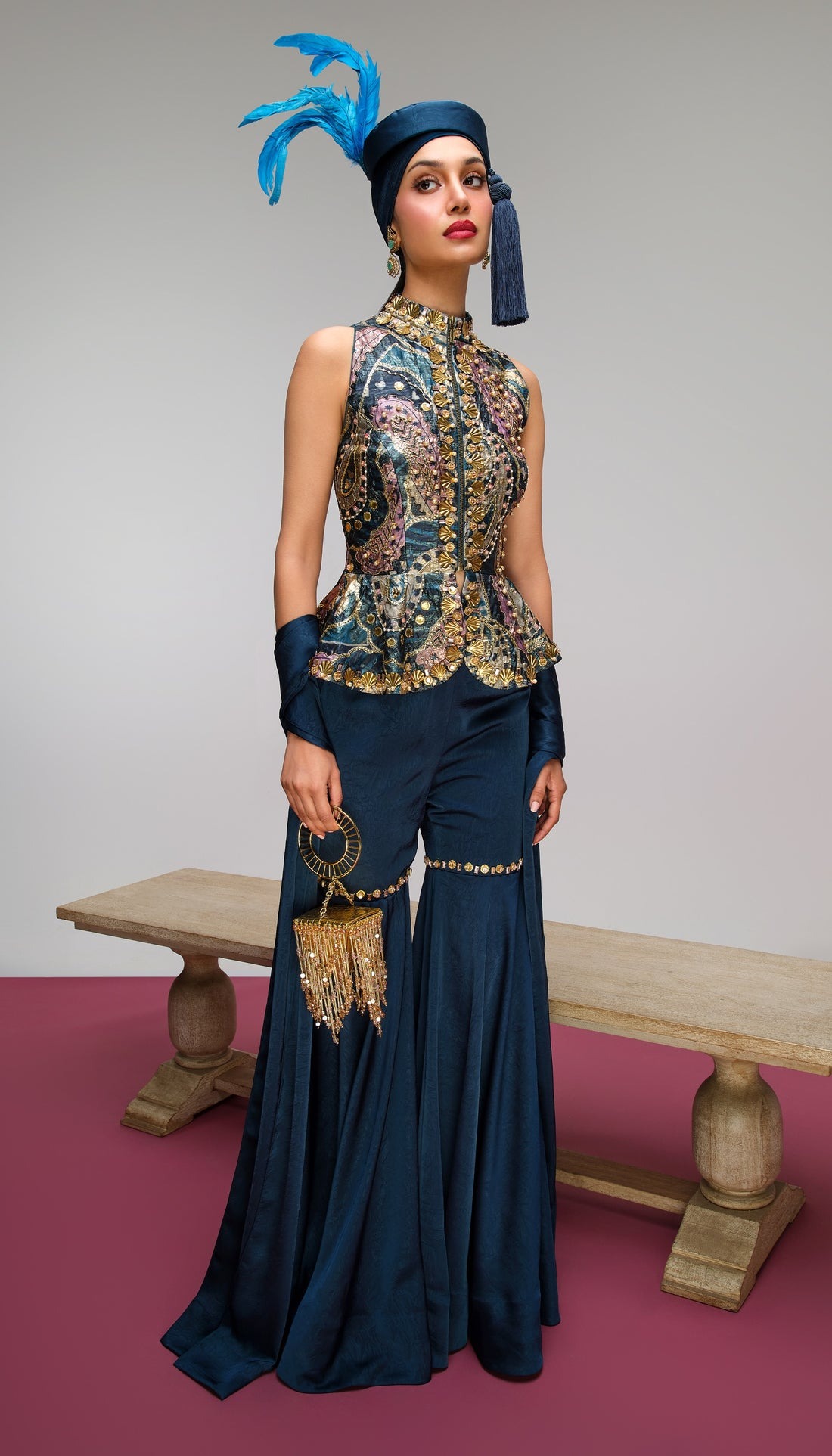 Teal Embellished Peplum Top with Handworked Motifs and Draped Flared Trousers
