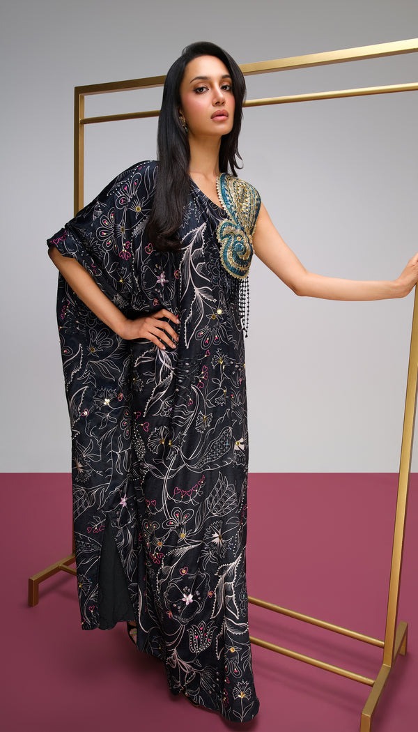 Black Embroidered Kaftan with Floral Threadwork and Ornate Shoulder Embellishment