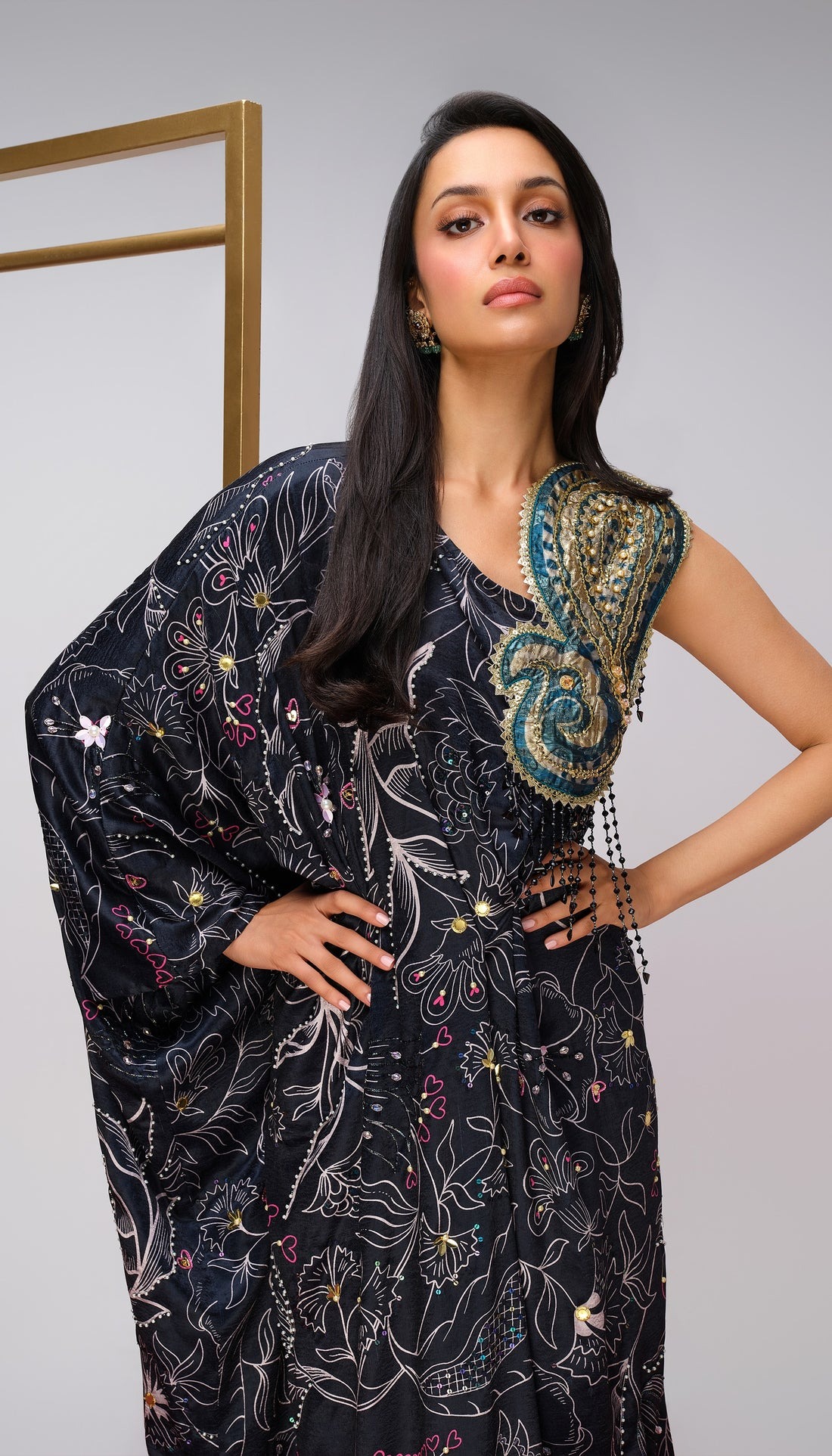 Black Embroidered Kaftan with Floral Threadwork and Ornate Shoulder Embellishment