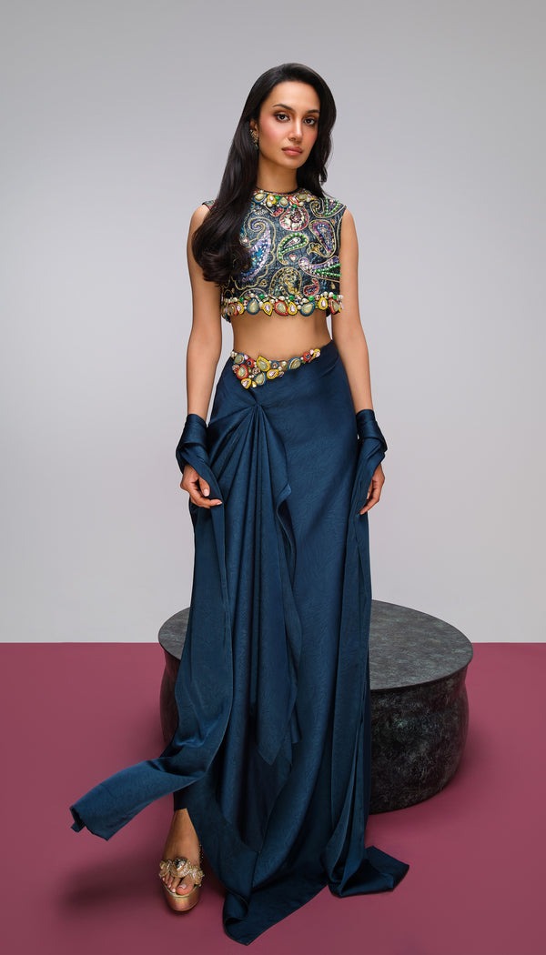 Teal Draped Sari with Jewel-Embellished Paisley Blouse