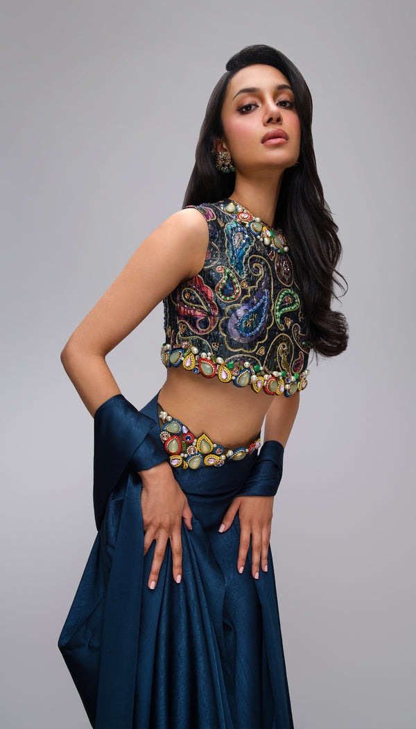 Teal Draped Sari with Jewel-Embellished Paisley Blouse
