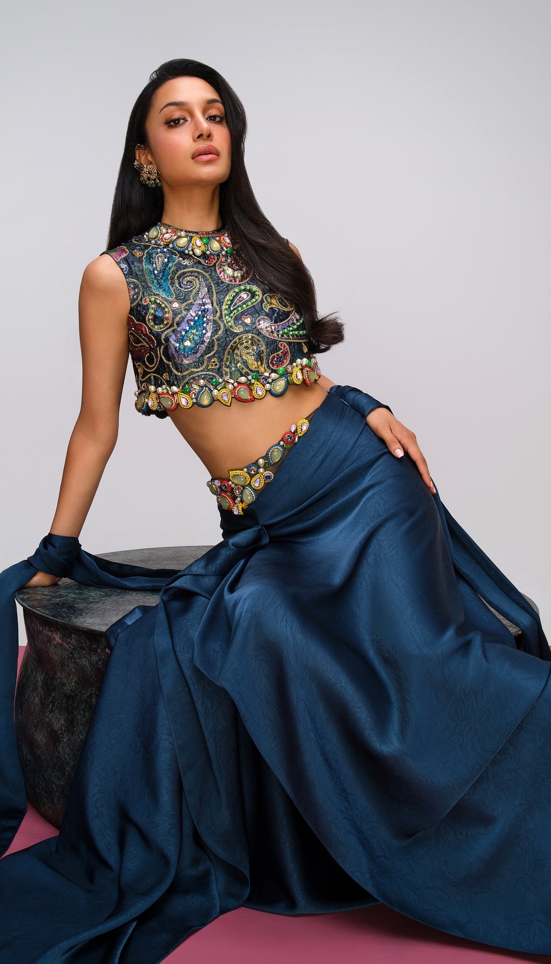 Teal Draped Sari with Jewel-Embellished Paisley Blouse