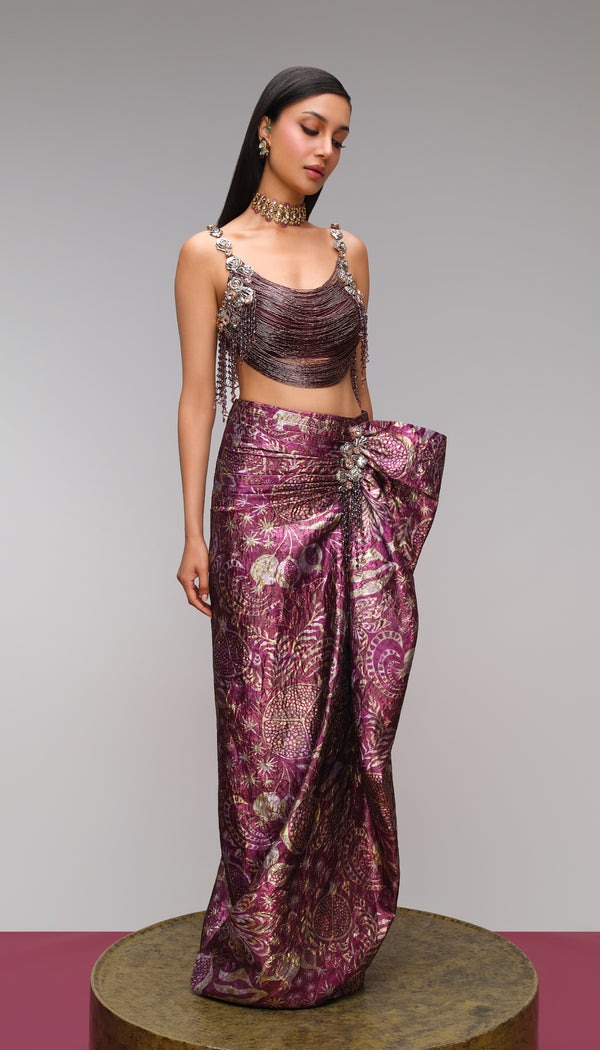 Wine Brocade Draped Sari with Metallic Fringe Embellished Blouse