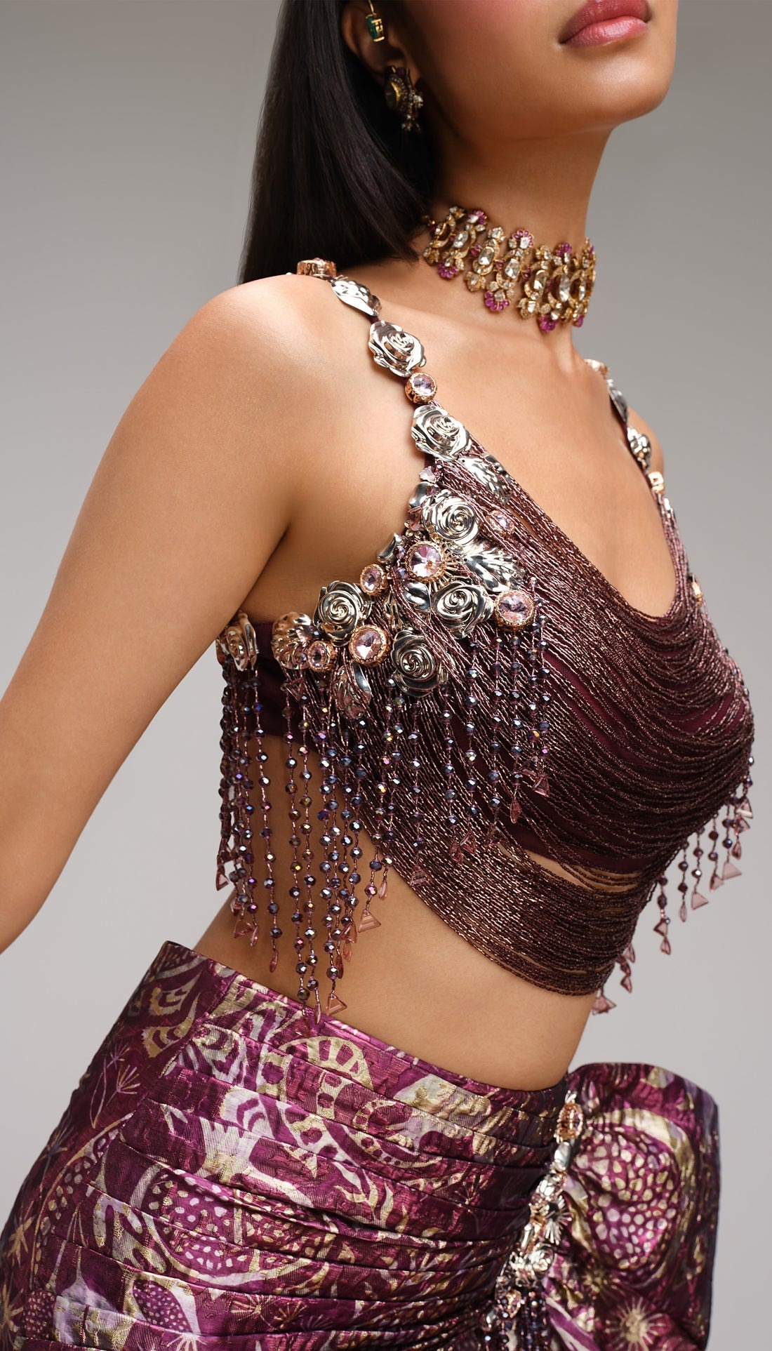 Wine Brocade Draped Sari with Metallic Fringe Embellished Blouse