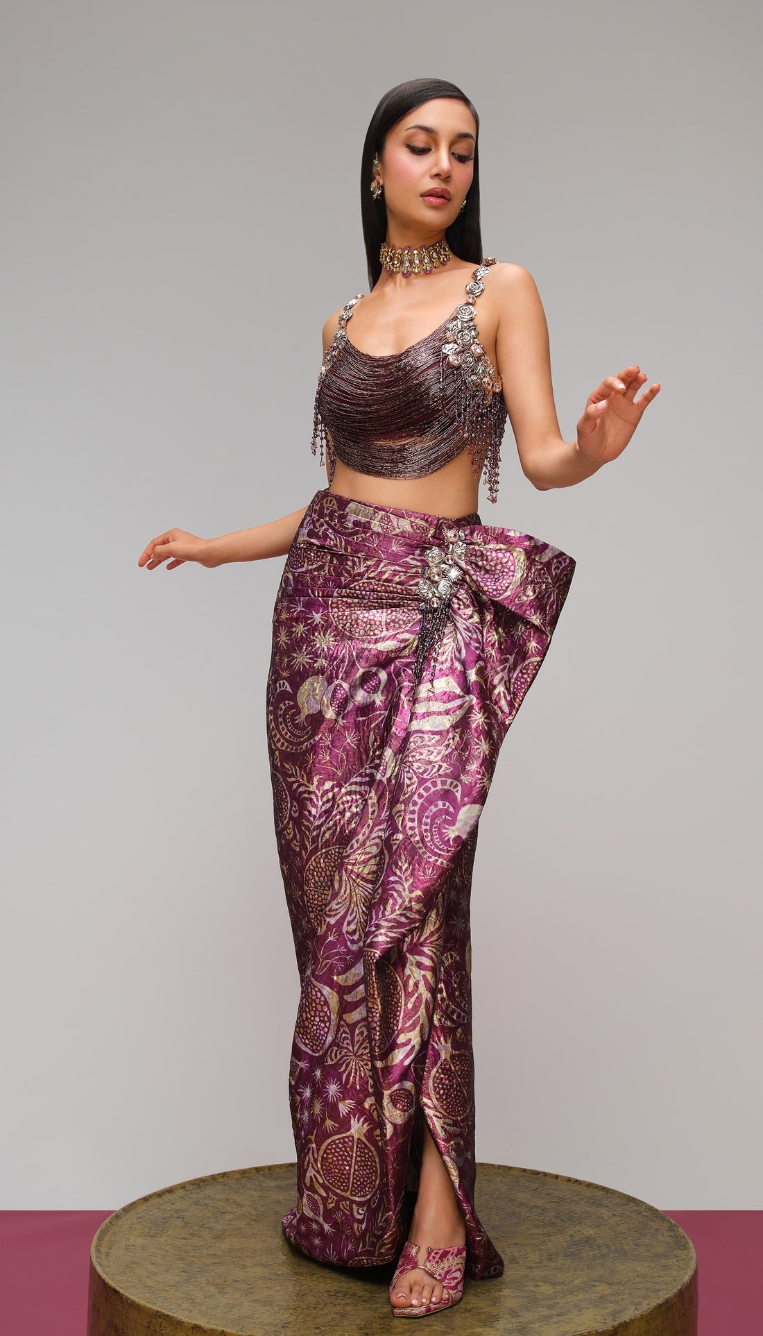 Wine Brocade Draped Sari with Metallic Fringe Embellished Blouse