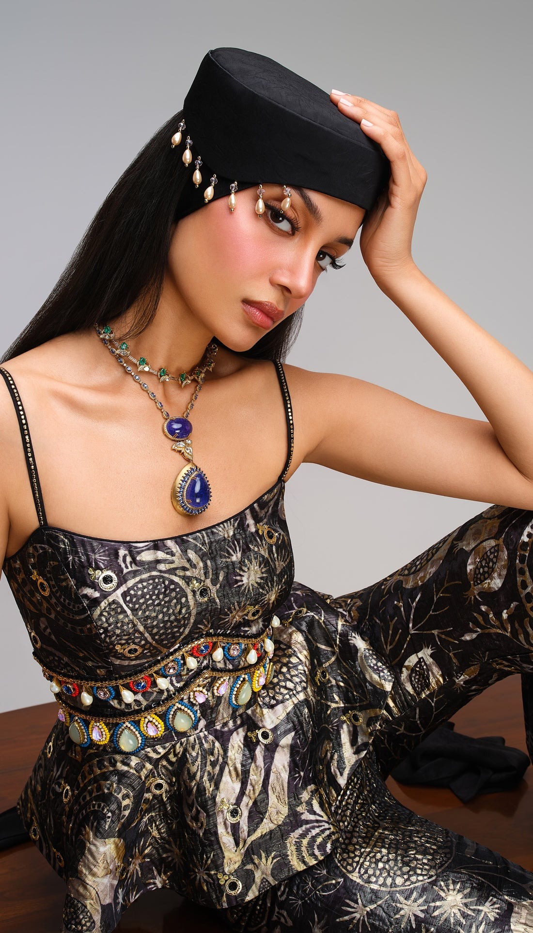 Black Embellished Peplum Co-ord Set with Celestial Motif Trousers