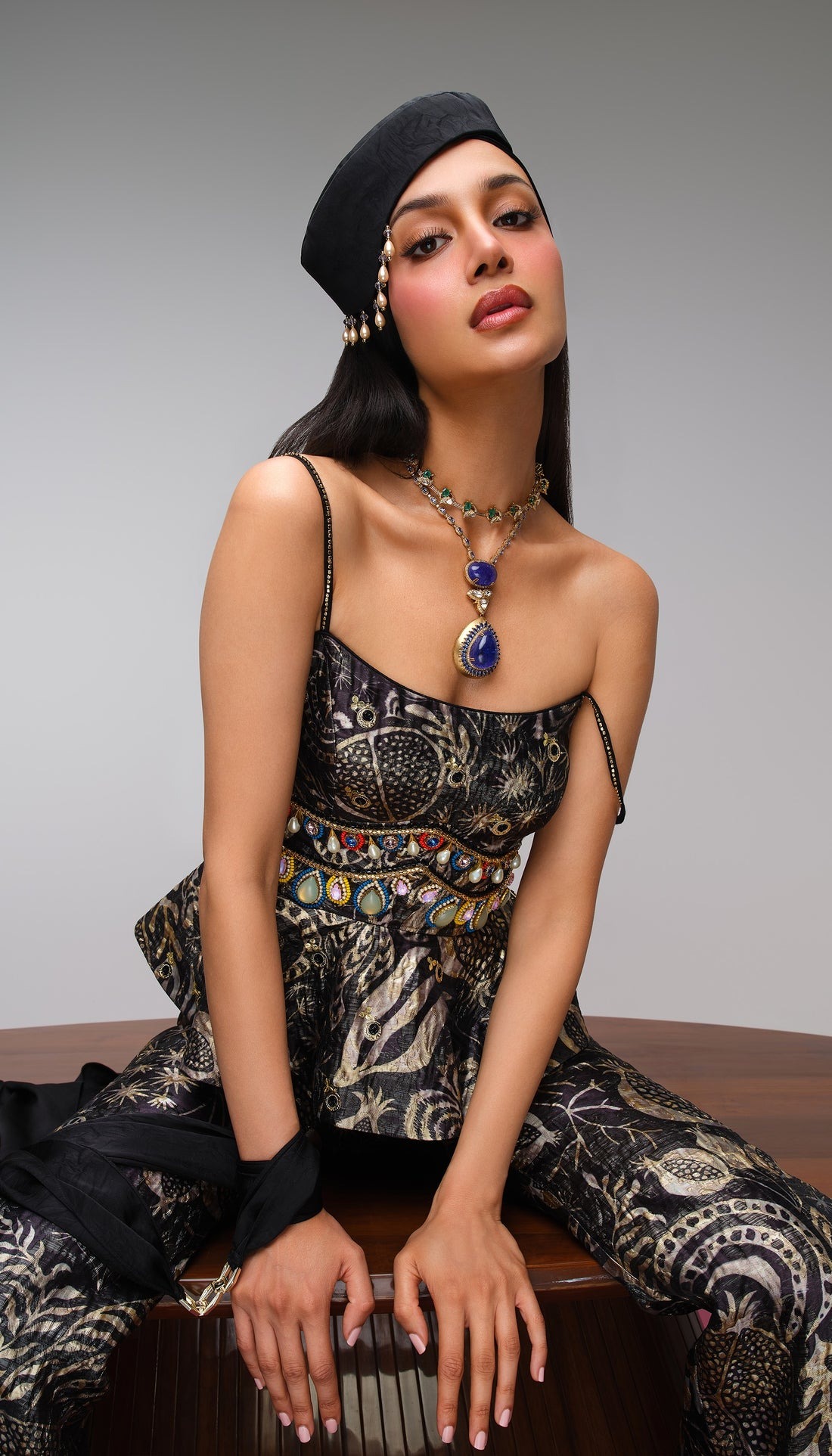 Black Embellished Peplum Co-ord Set with Celestial Motif Trousers