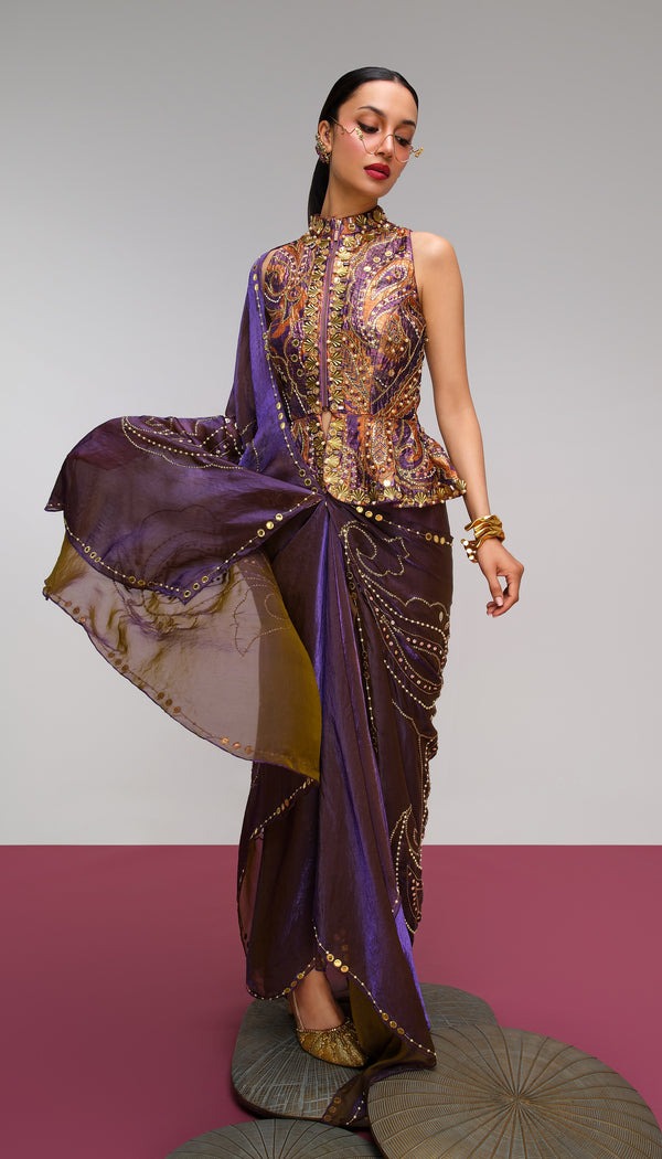 Deep Plum Draped Sari with Paisley Embroidered Peplum Blouse