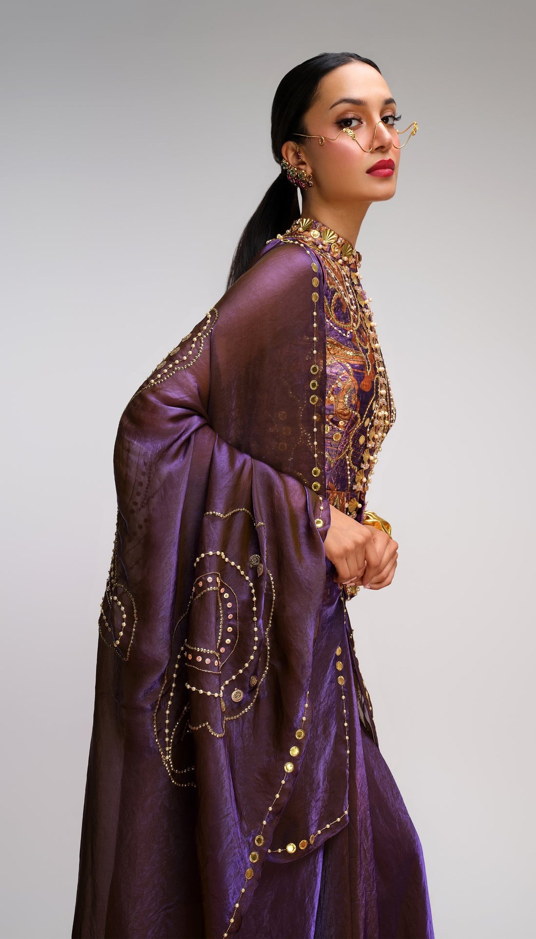 Deep Plum Draped Sari with Paisley Embroidered Peplum Blouse