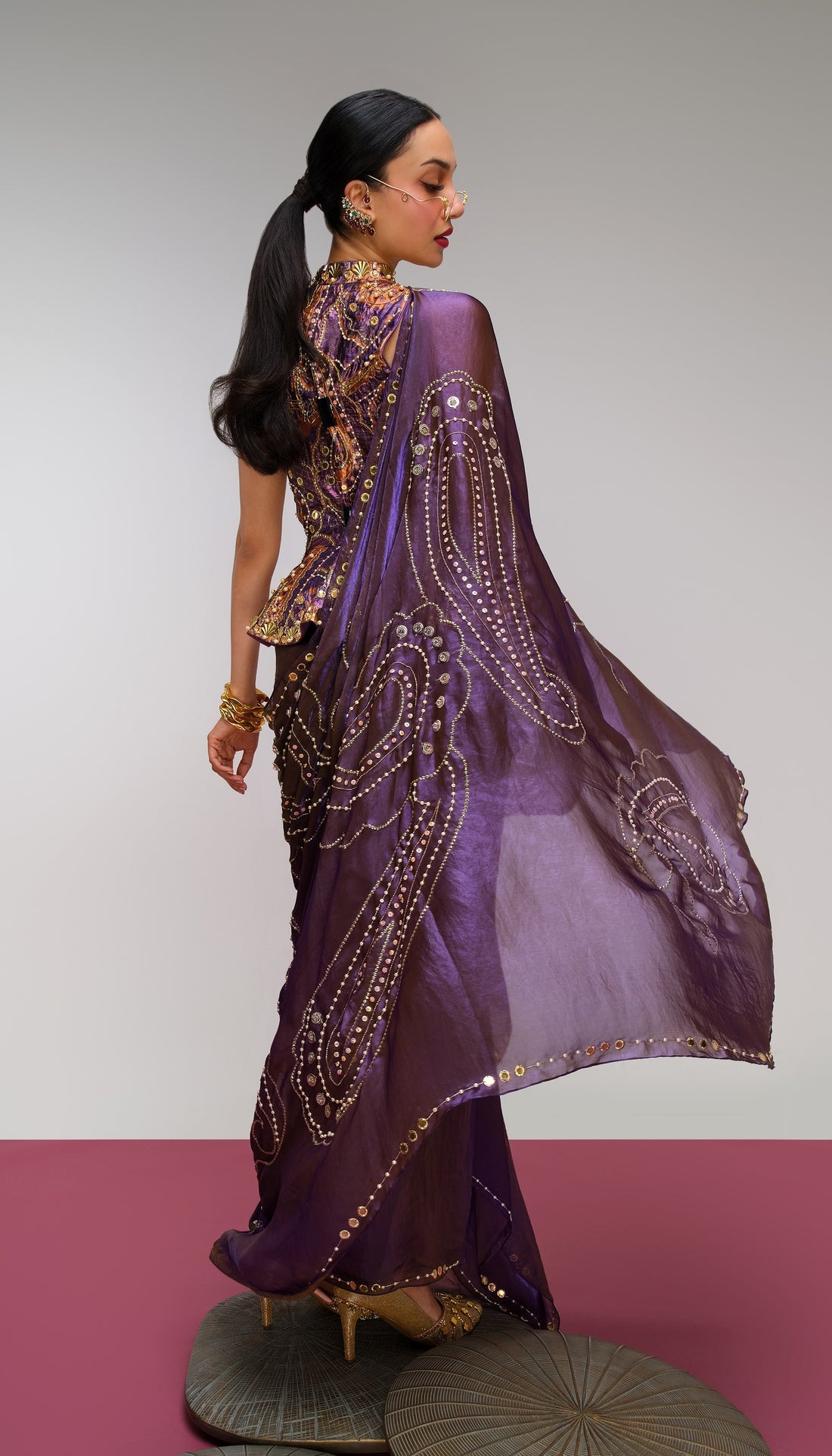 Deep Plum Draped Sari with Paisley Embroidered Peplum Blouse