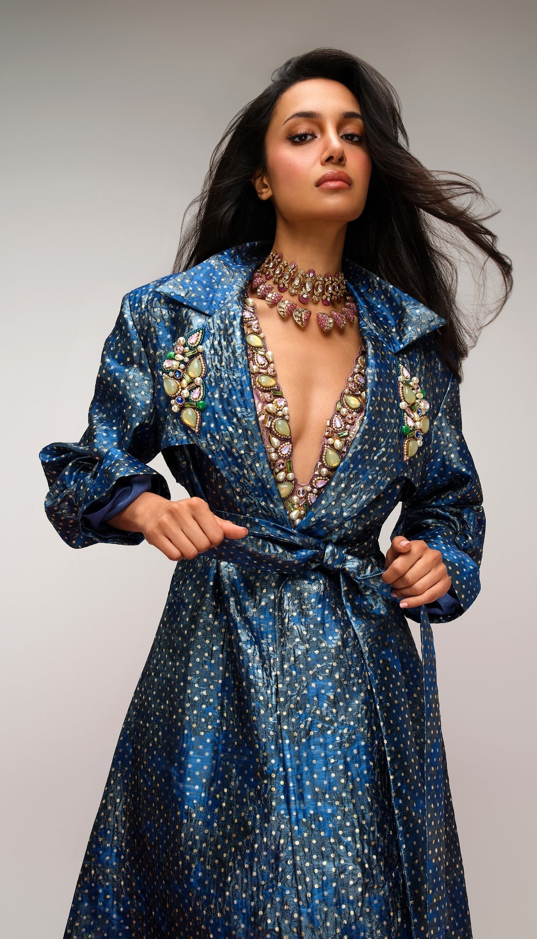 Midnight Blue Embellished Jacket Statement Piece with Jewel-Encrusted Bodice