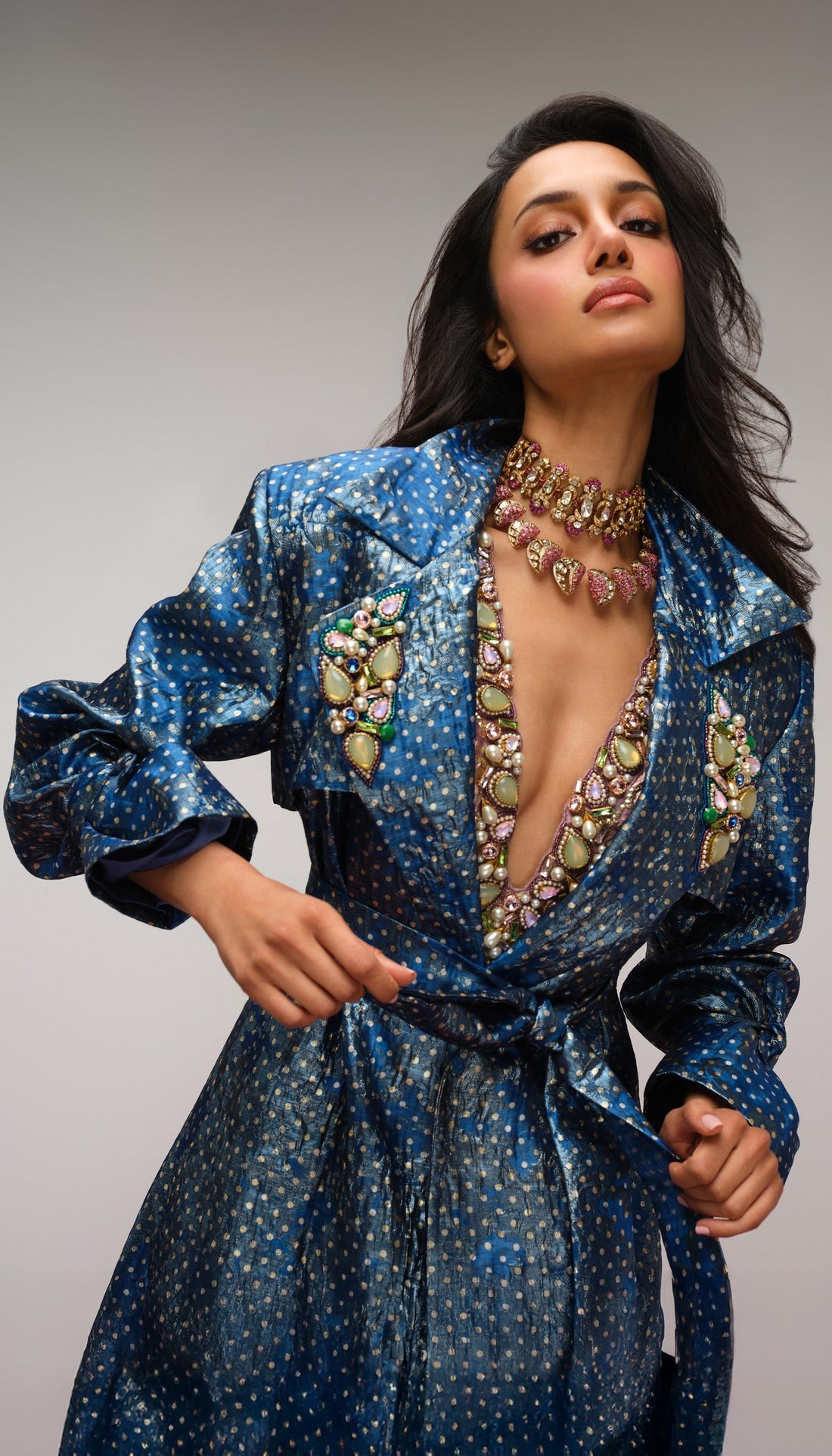 Midnight Blue Embellished Jacket Statement Piece with Jewel-Encrusted Bodice