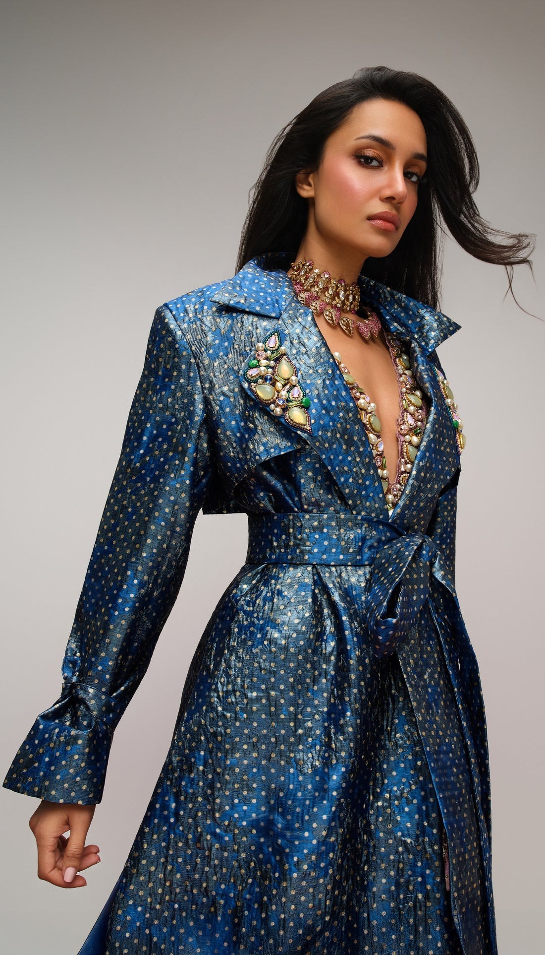 Midnight Blue Embellished Jacket Statement Piece with Jewel-Encrusted Bodice