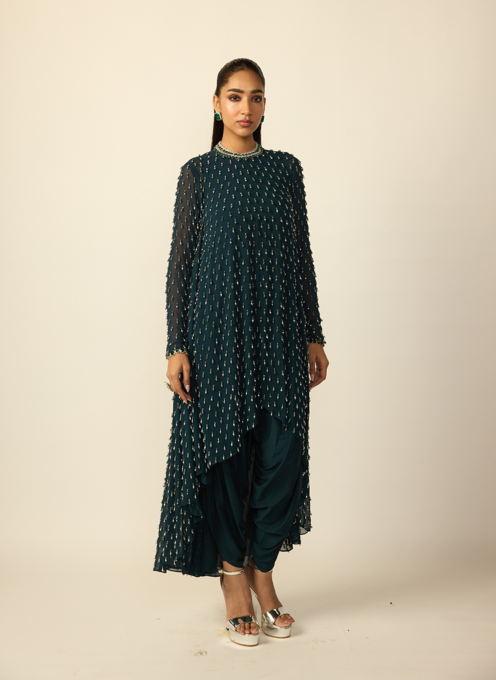 Deep Emerald Asymmetric Kurta with Crystal Embellishments and Sheer Sleeves