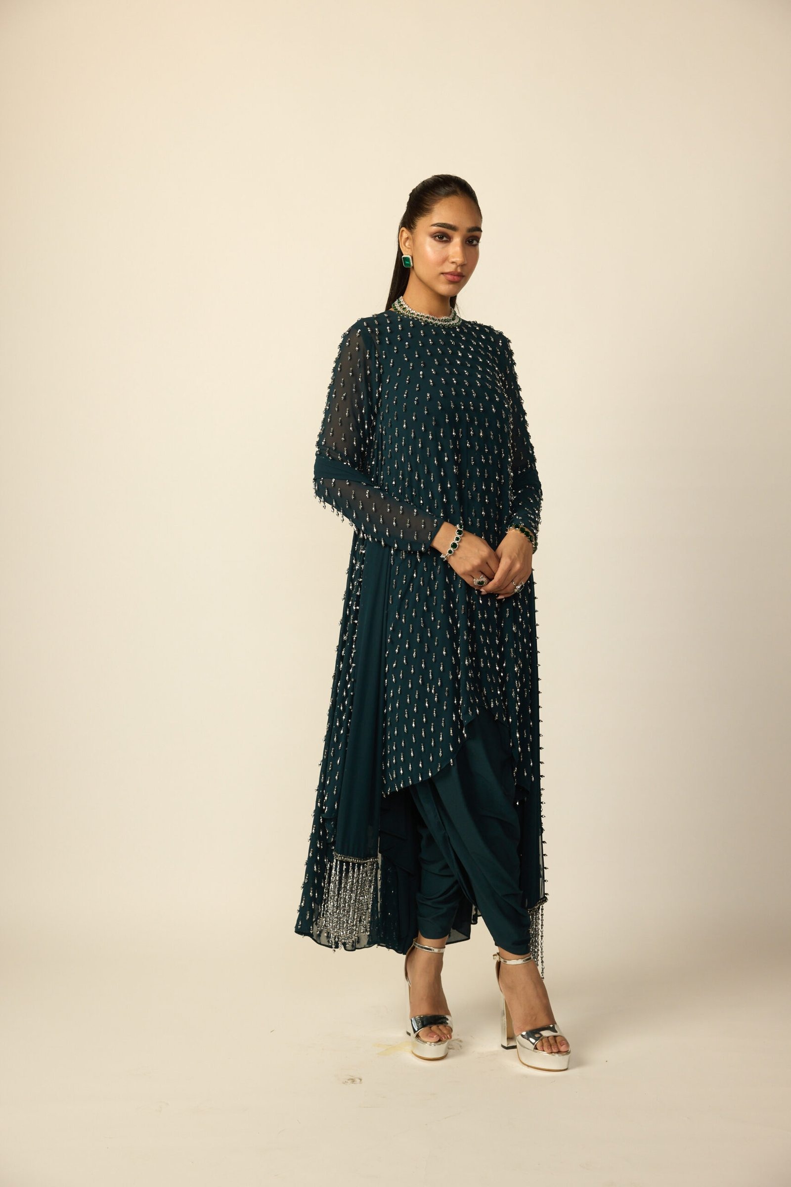 Deep Emerald Embellished Asymmetric Kurta with Crystal Detailing and Sheer Sleeves