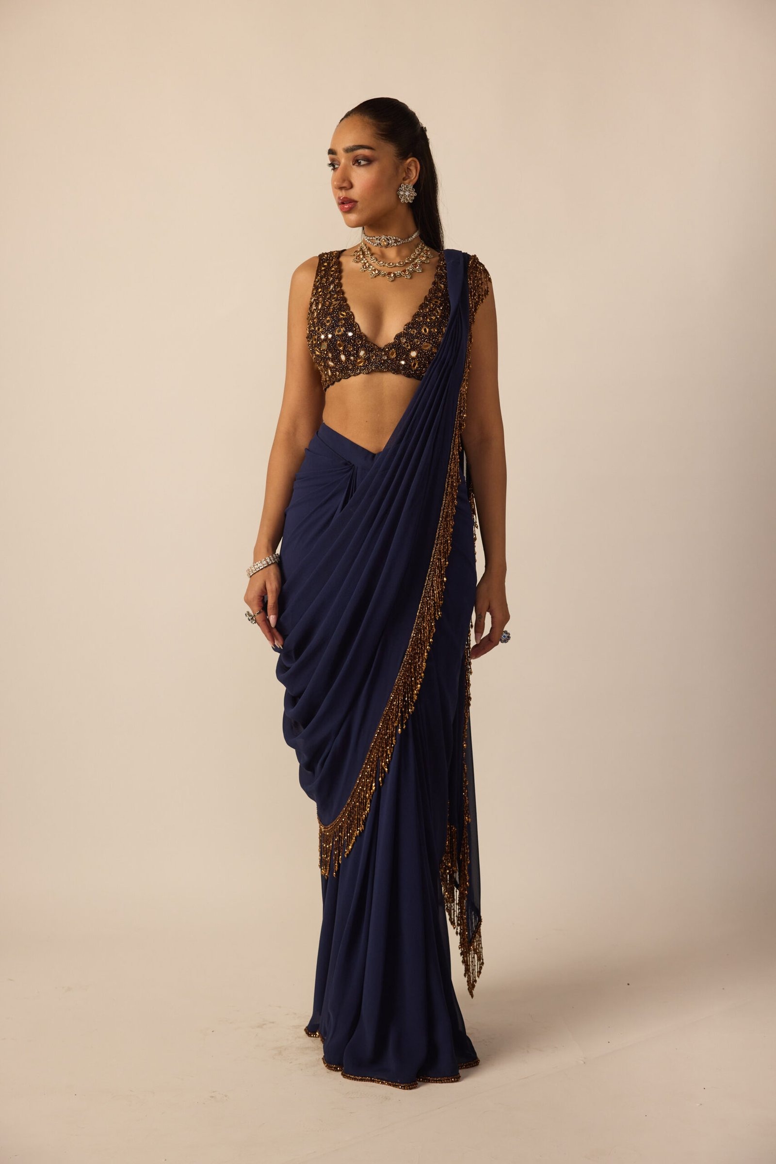 Midnight Blue Draped Sari with Antique Gold Fringe and Embellished Blouse