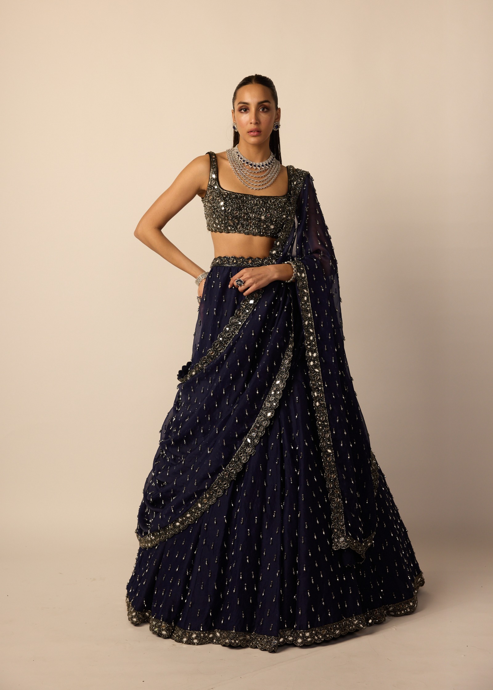 Midnight Blue Embellished Sari with Crystal Borders and Mirror Work Blouse