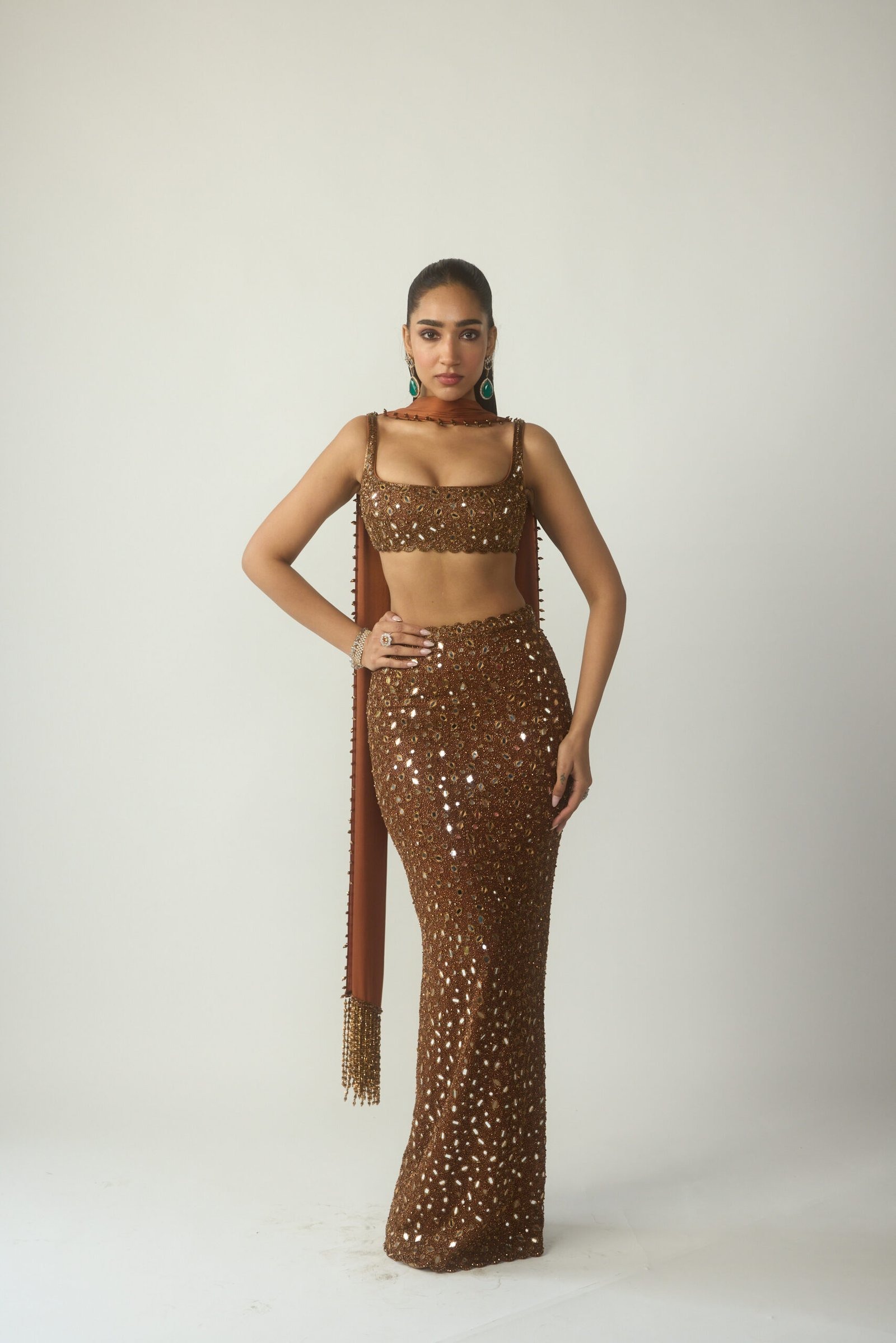 Burnished Copper Mirror-Embellished Sari with Sculpted Blouse and Tassel-Edged Pallu