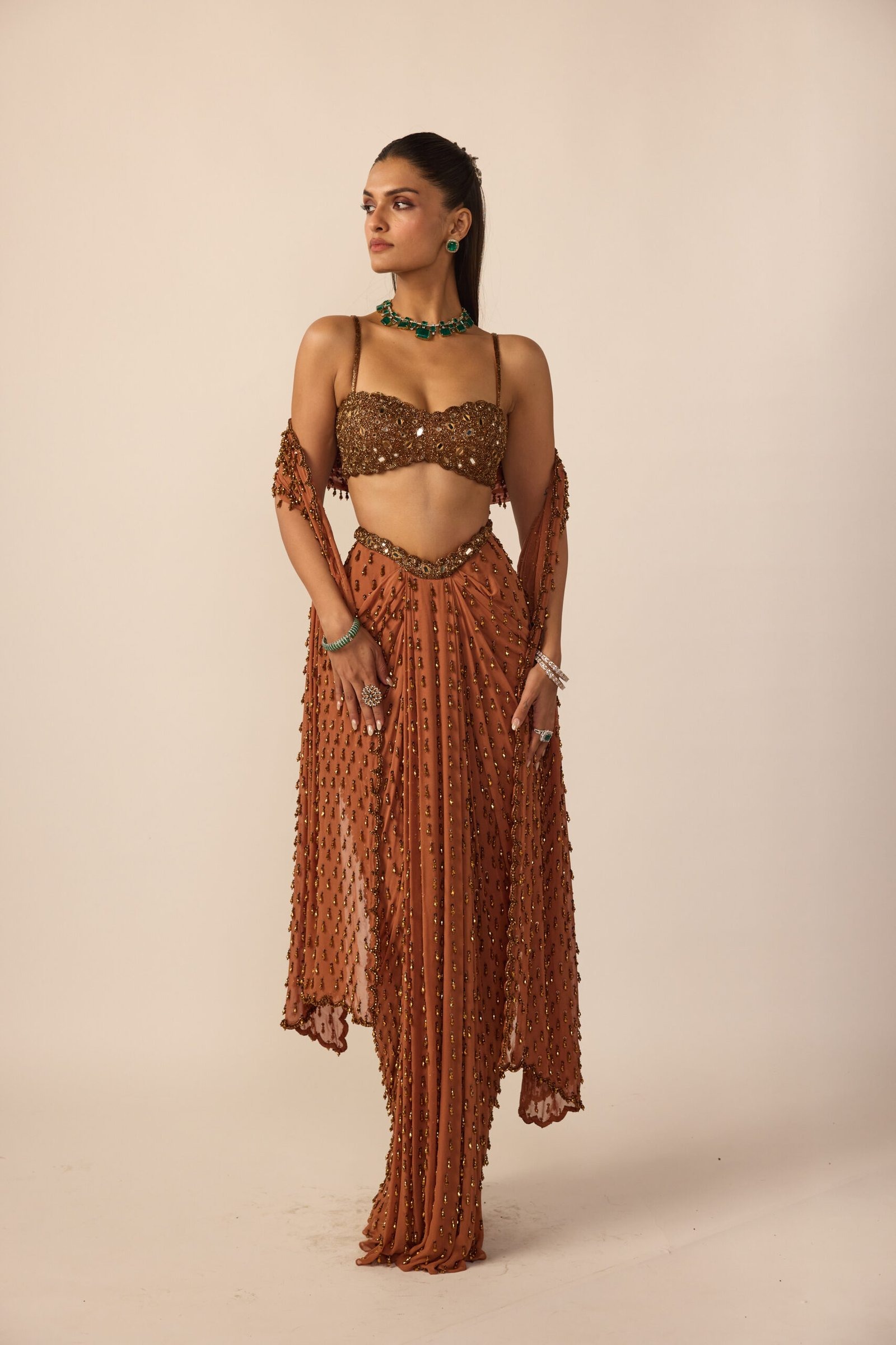 Rust Amber Embellished Draped Sari with Crystal Handwork and Sculpted Blouse