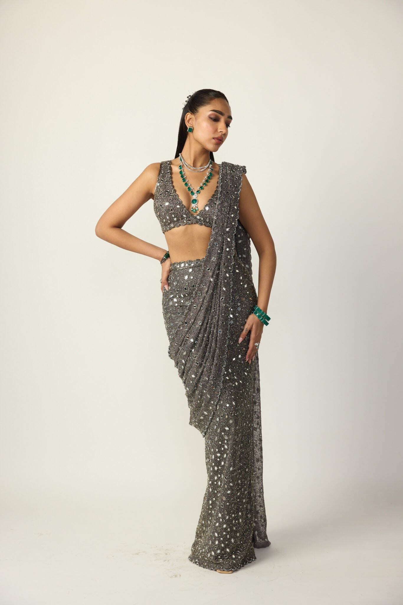 Gunmetal Mirror-Embellished Draped Sari with Handworked Blouse