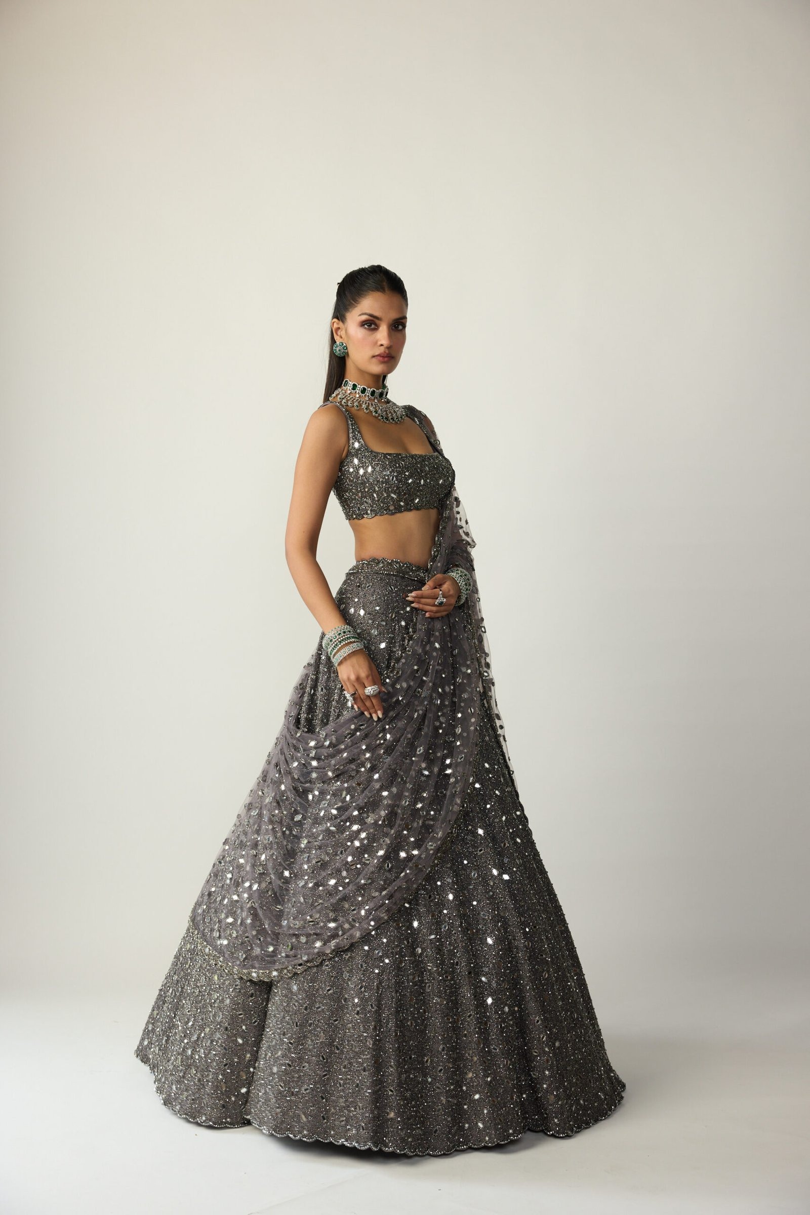 Gunmetal Mirror-Embellished Lehenga with Crystal Handwork and Sheer Draped Dupatta