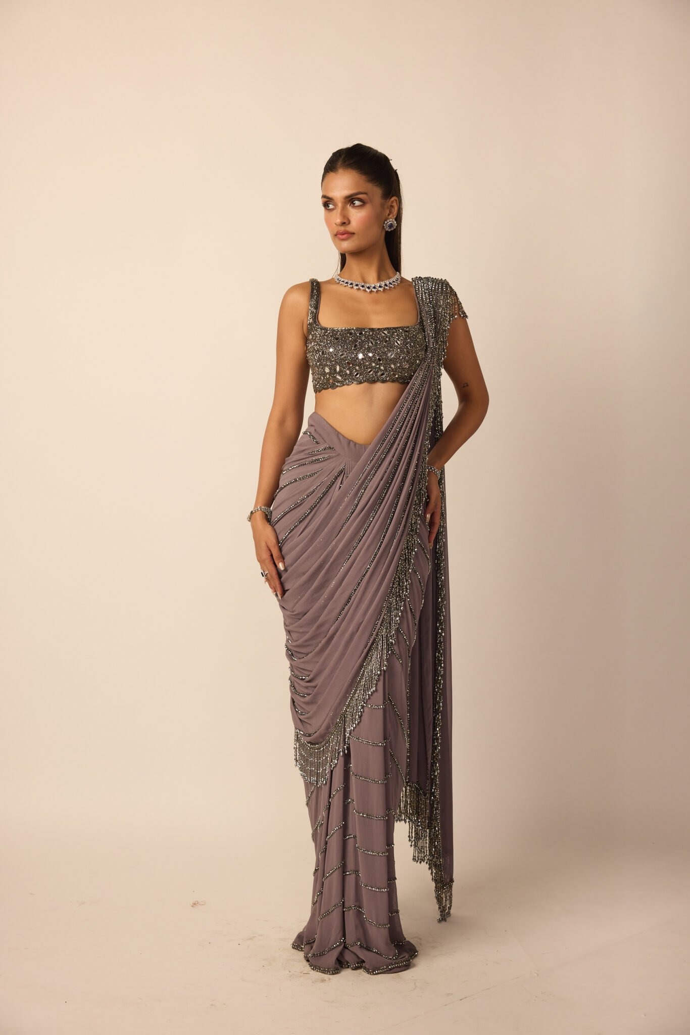 Dusty Mauve Draped Sari with Crystal Fringe and Mirror-Embellished Blouse