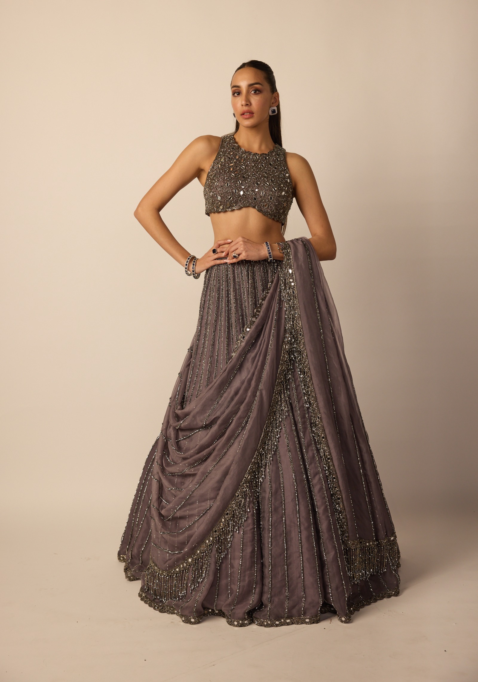 Dusty Mauve Crystal-Striped Lehenga with Embellished Blouse and Draped Dupatta