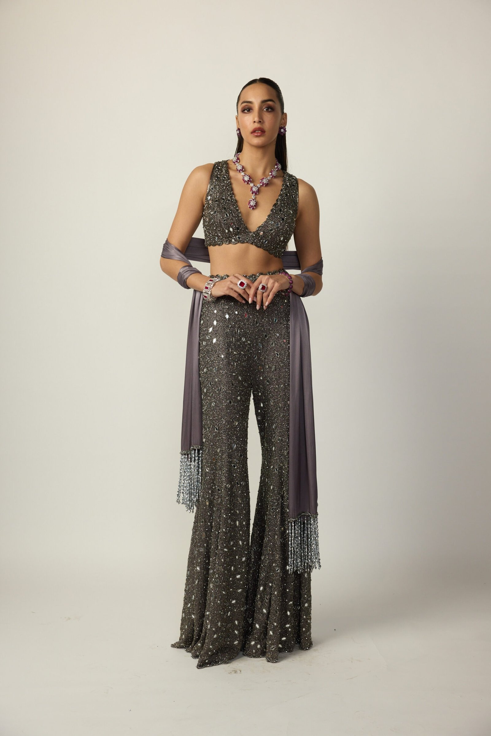 Gunmetal Mirror-Embellished Flared Trousers with Crystal Handwork Blouse and Tassel-Edged Stole