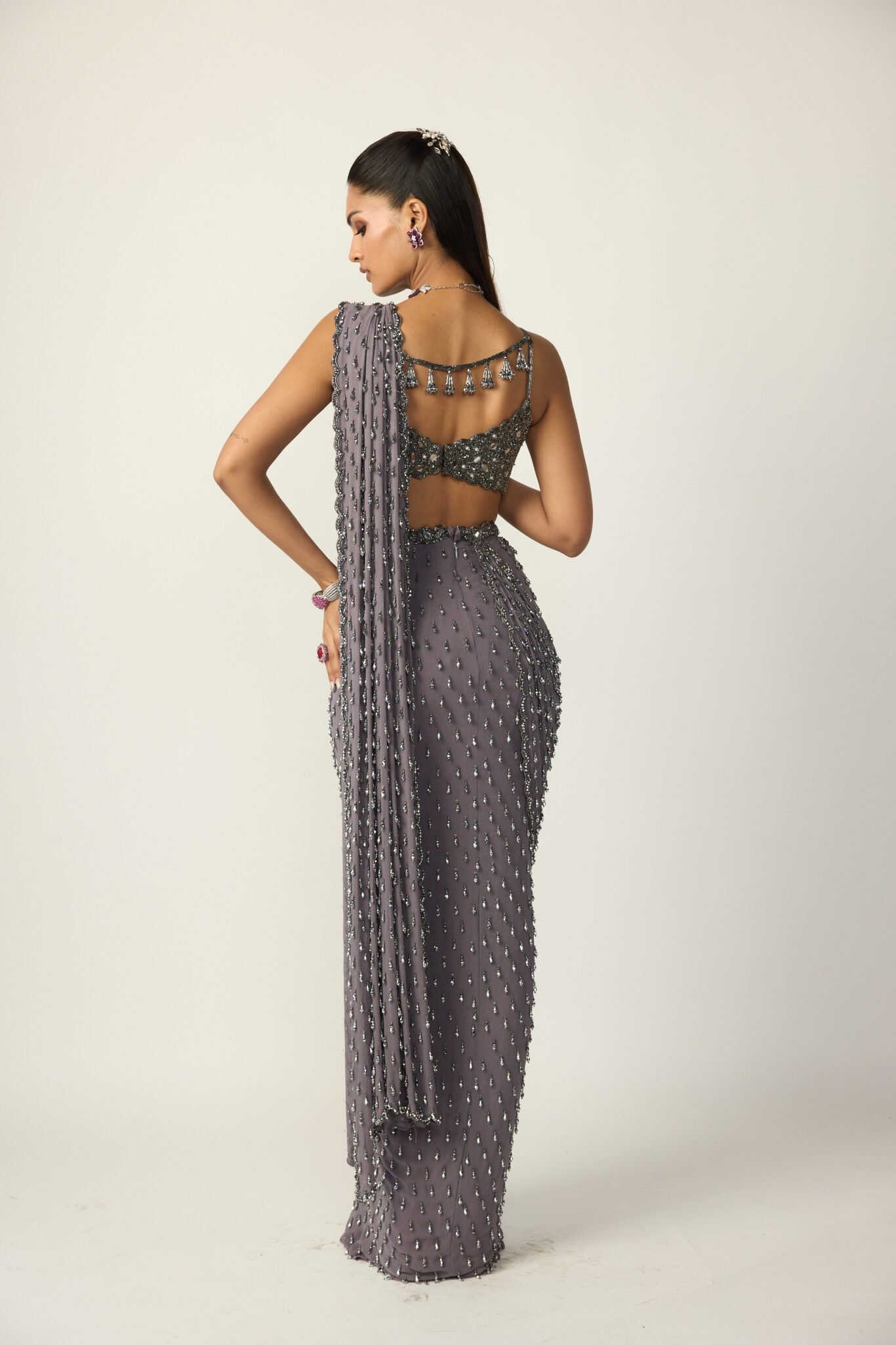 Dusty Mauve Crystal-Embellished Draped Sari with Mirror Work Blouse