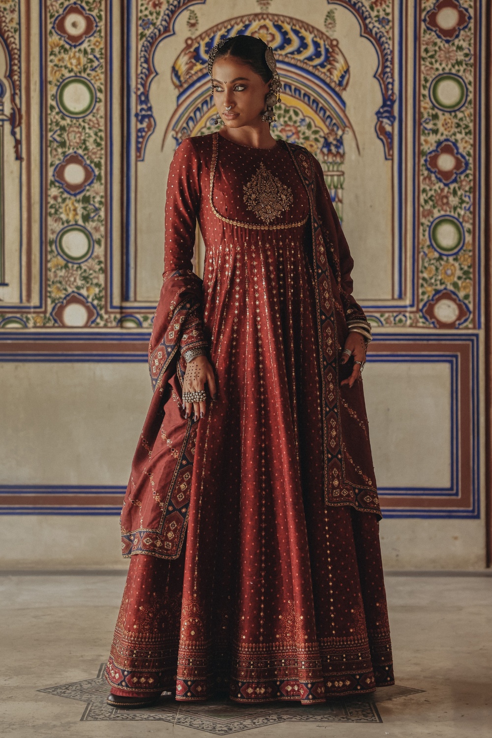 Deep Maroon Anarkali with Antique Gold Motif Embroidery and Heritage Border Detailing