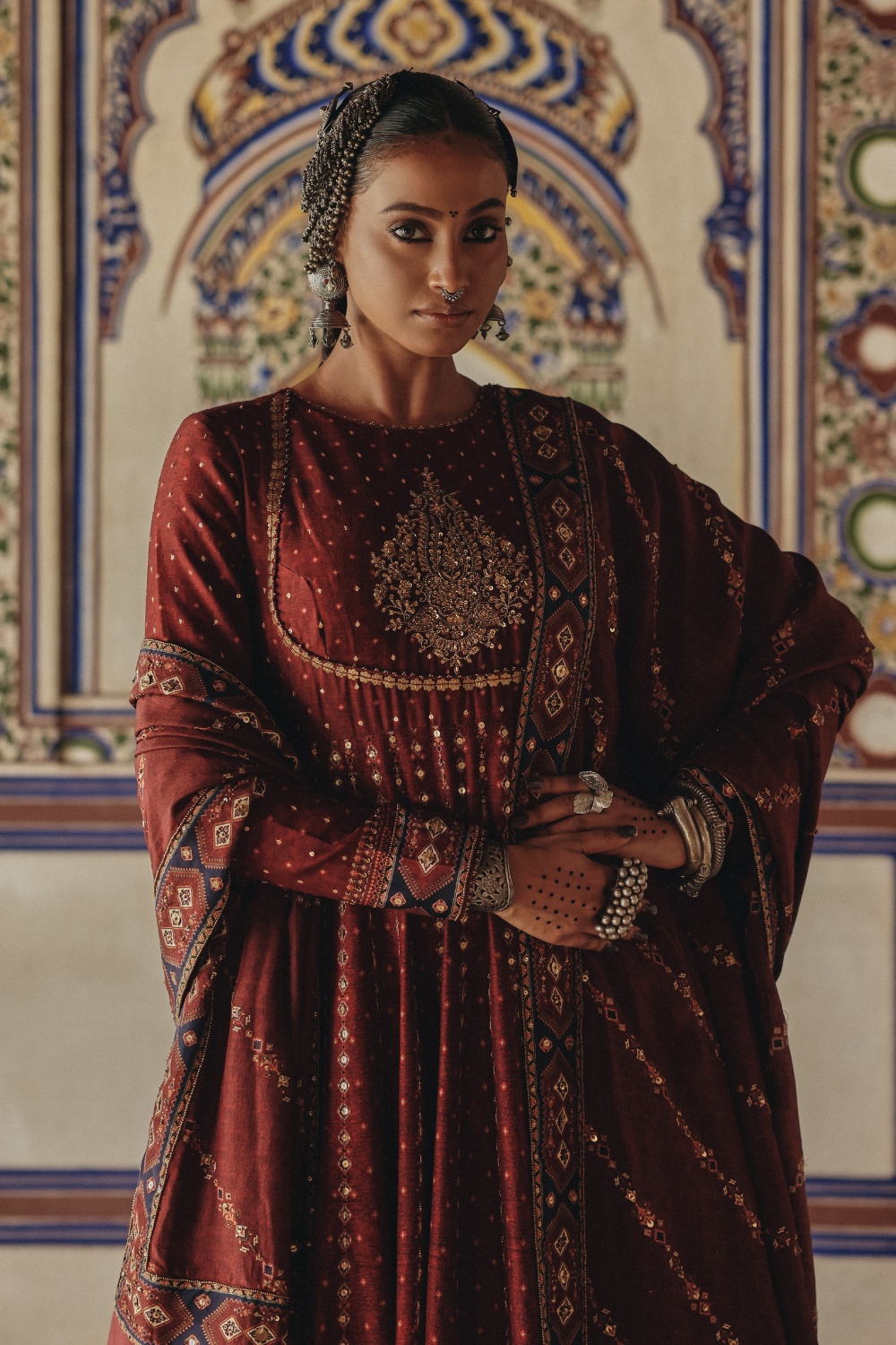Deep Maroon Anarkali with Antique Gold Motif Embroidery and Heritage Border Detailing