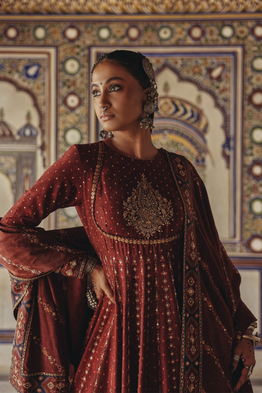 Deep Maroon Anarkali with Antique Gold Motif Embroidery and Heritage Border Detailing