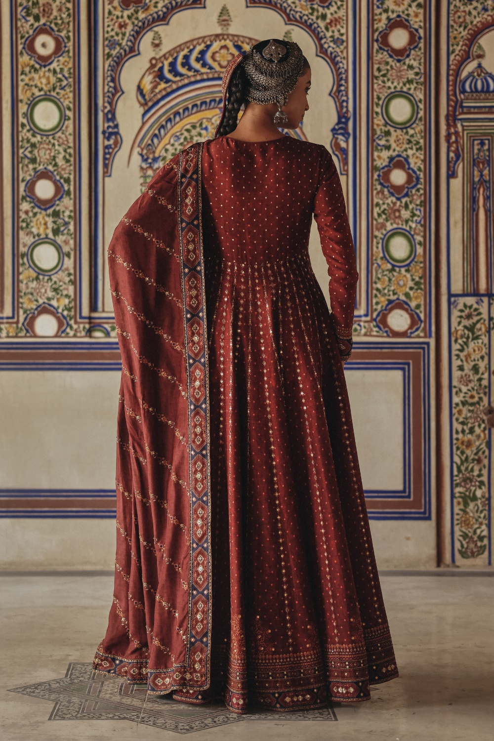 Deep Maroon Anarkali with Antique Gold Motif Embroidery and Heritage Border Detailing